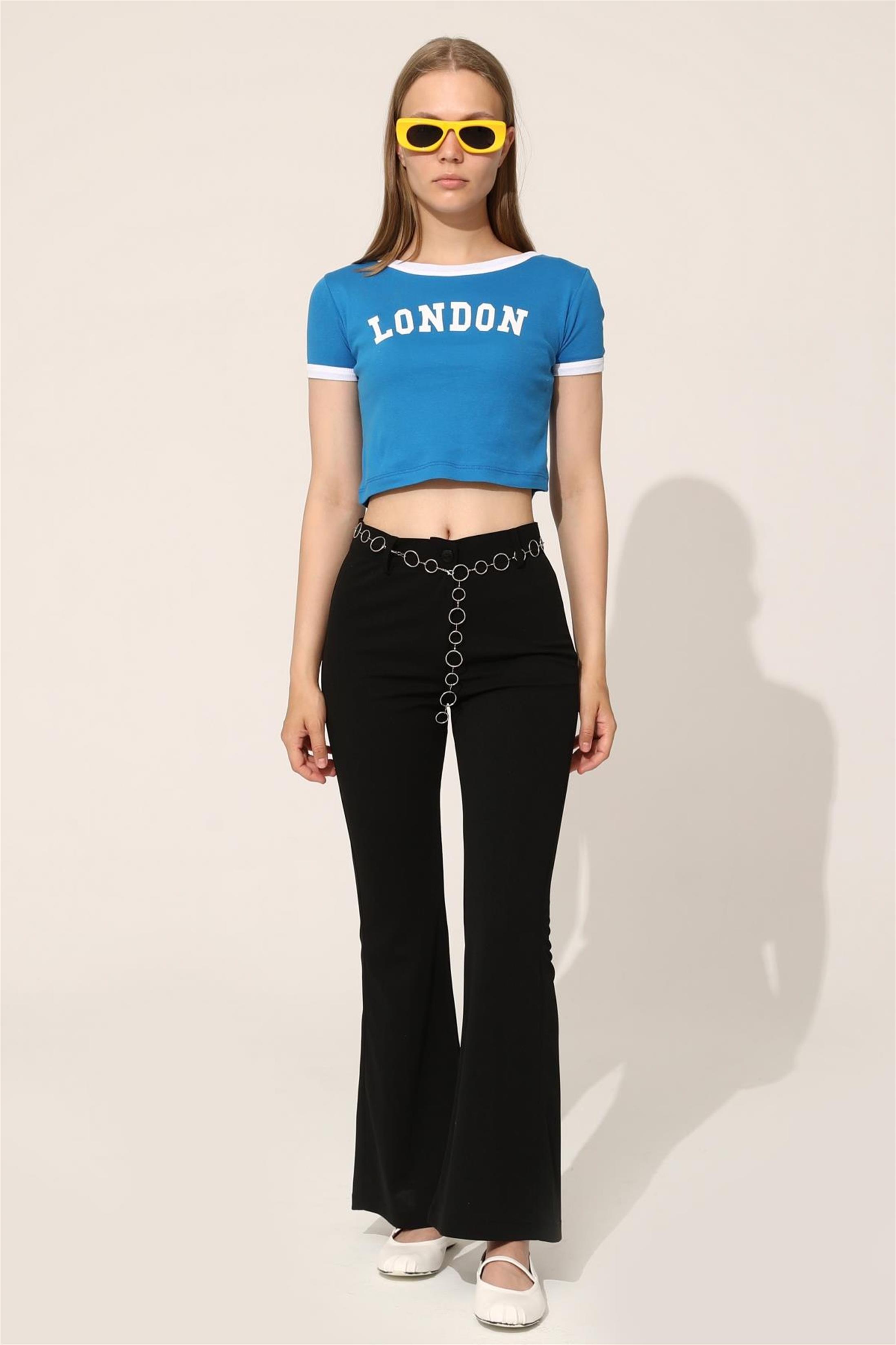 Kadın London Baskılı Crop T-Shirt
