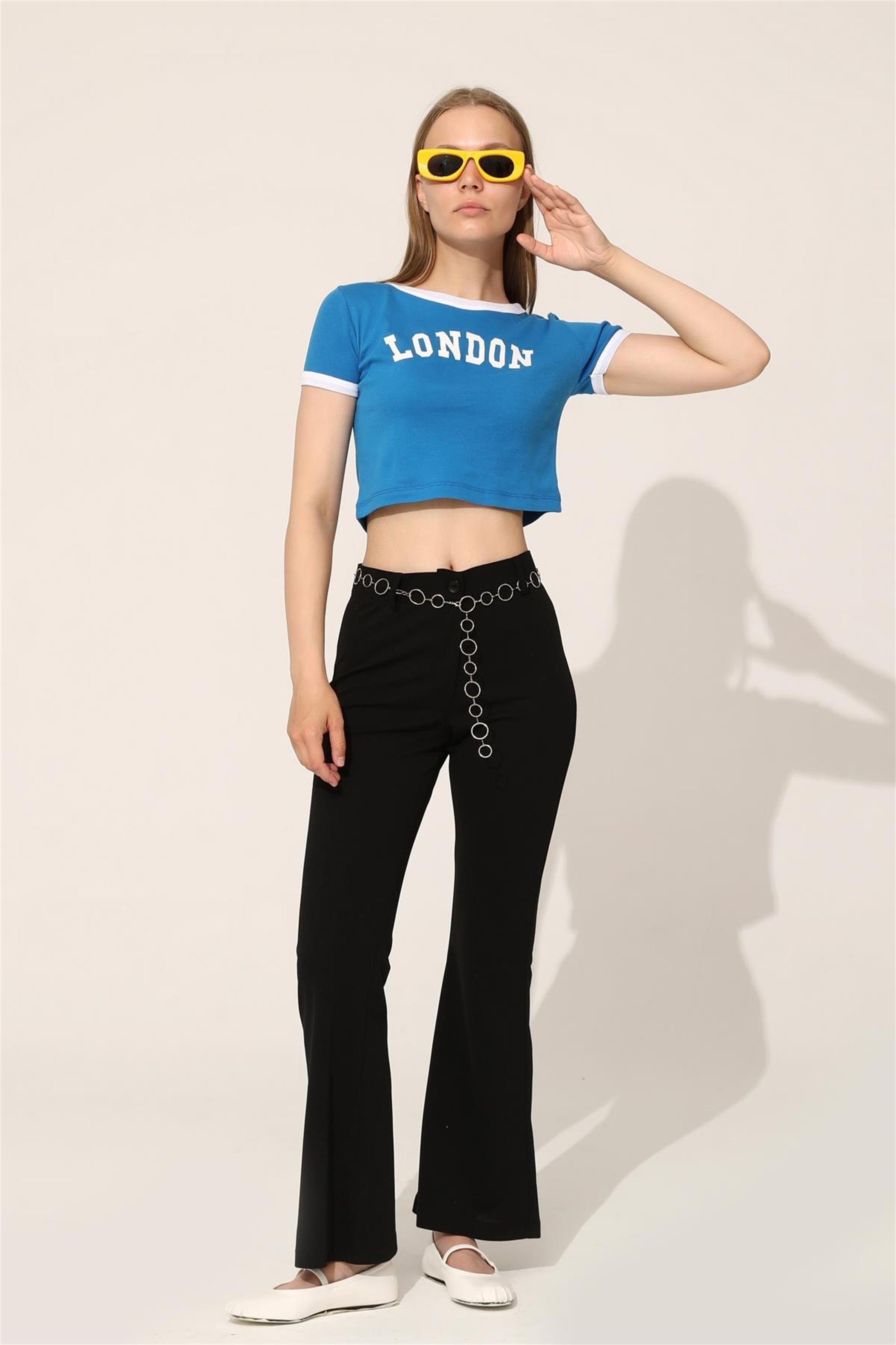 Kadın London Baskılı Crop T-Shirt