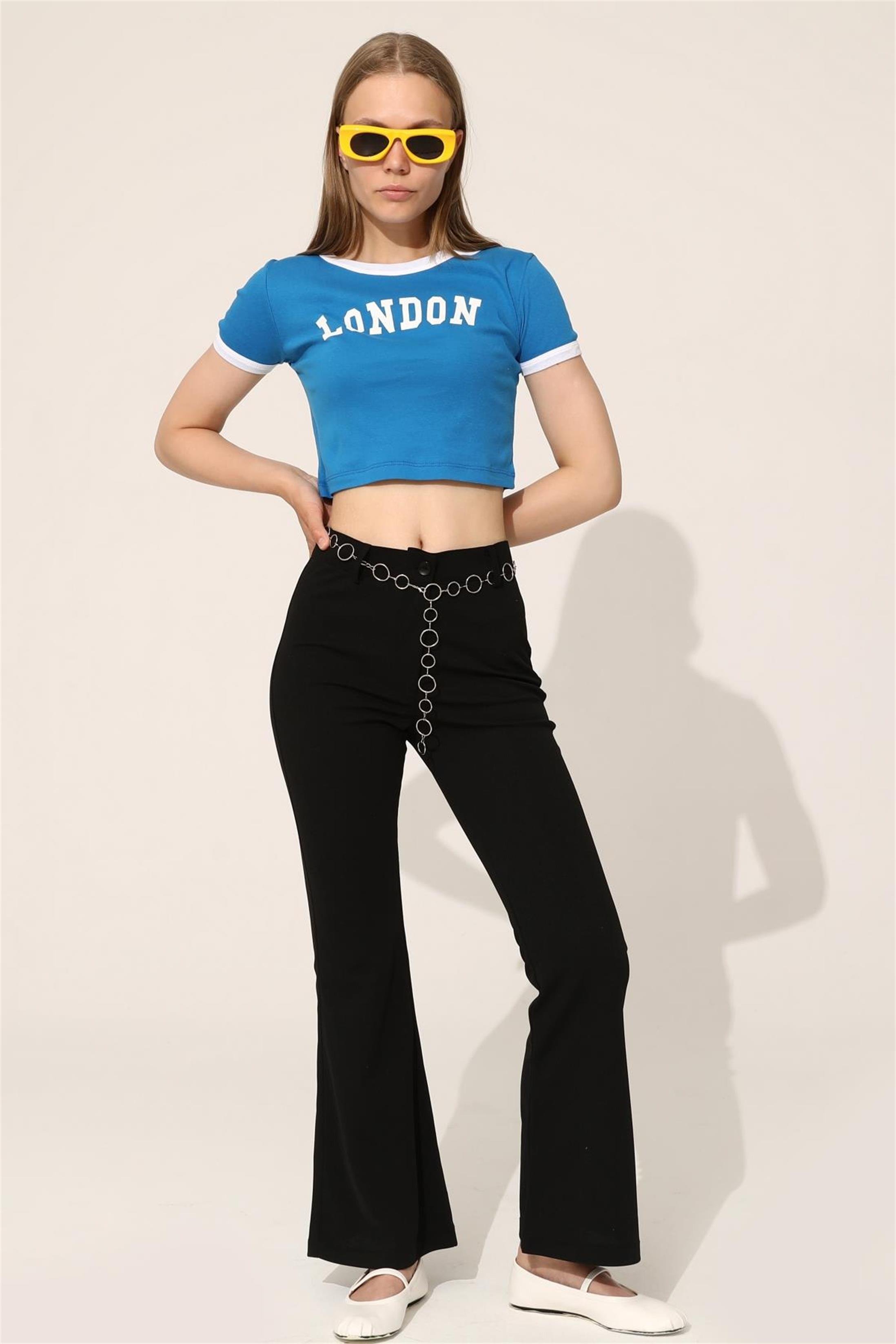 Kadın London Baskılı Crop T-Shirt