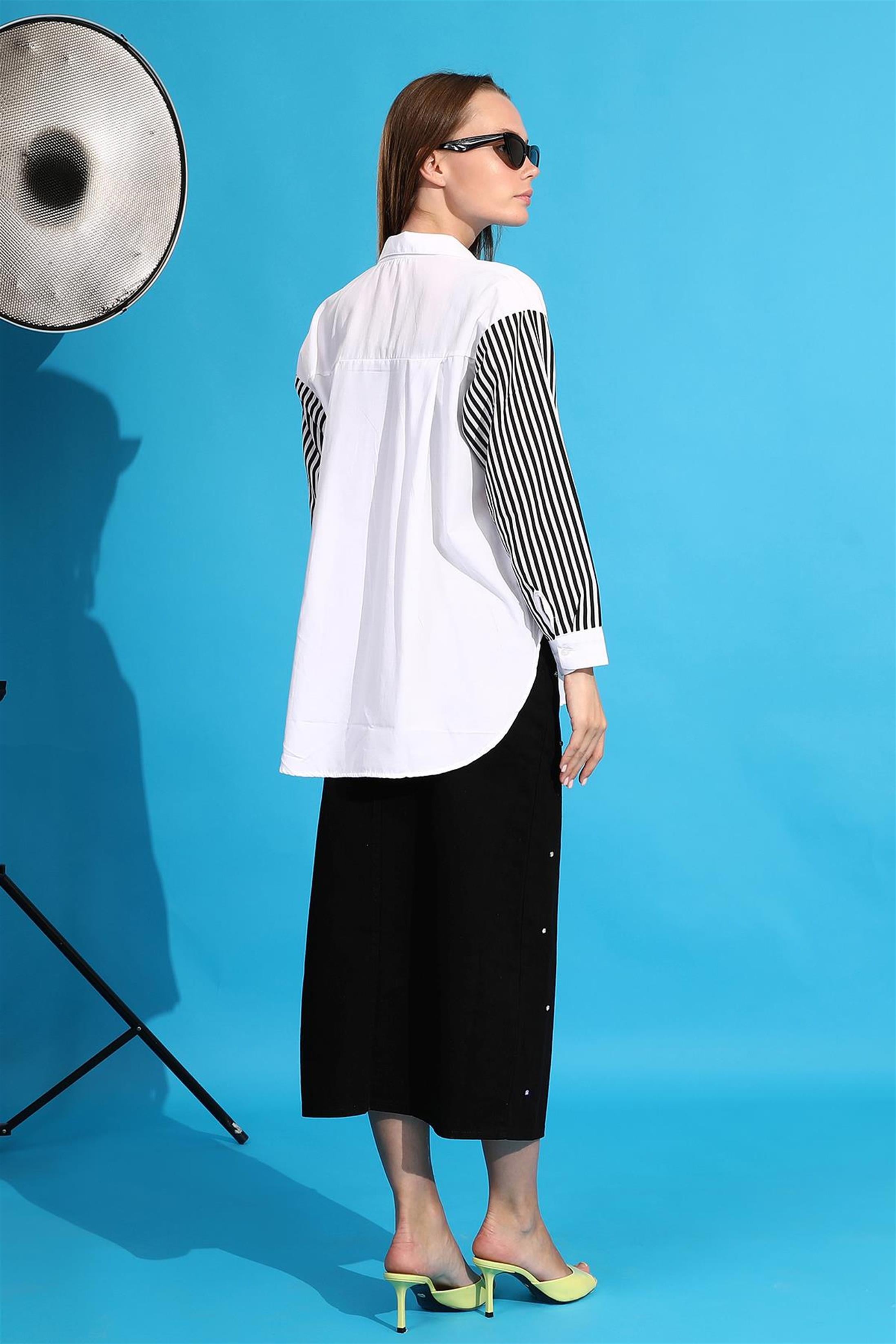 Kadın Kolu Çizgili Oversize Gömlek