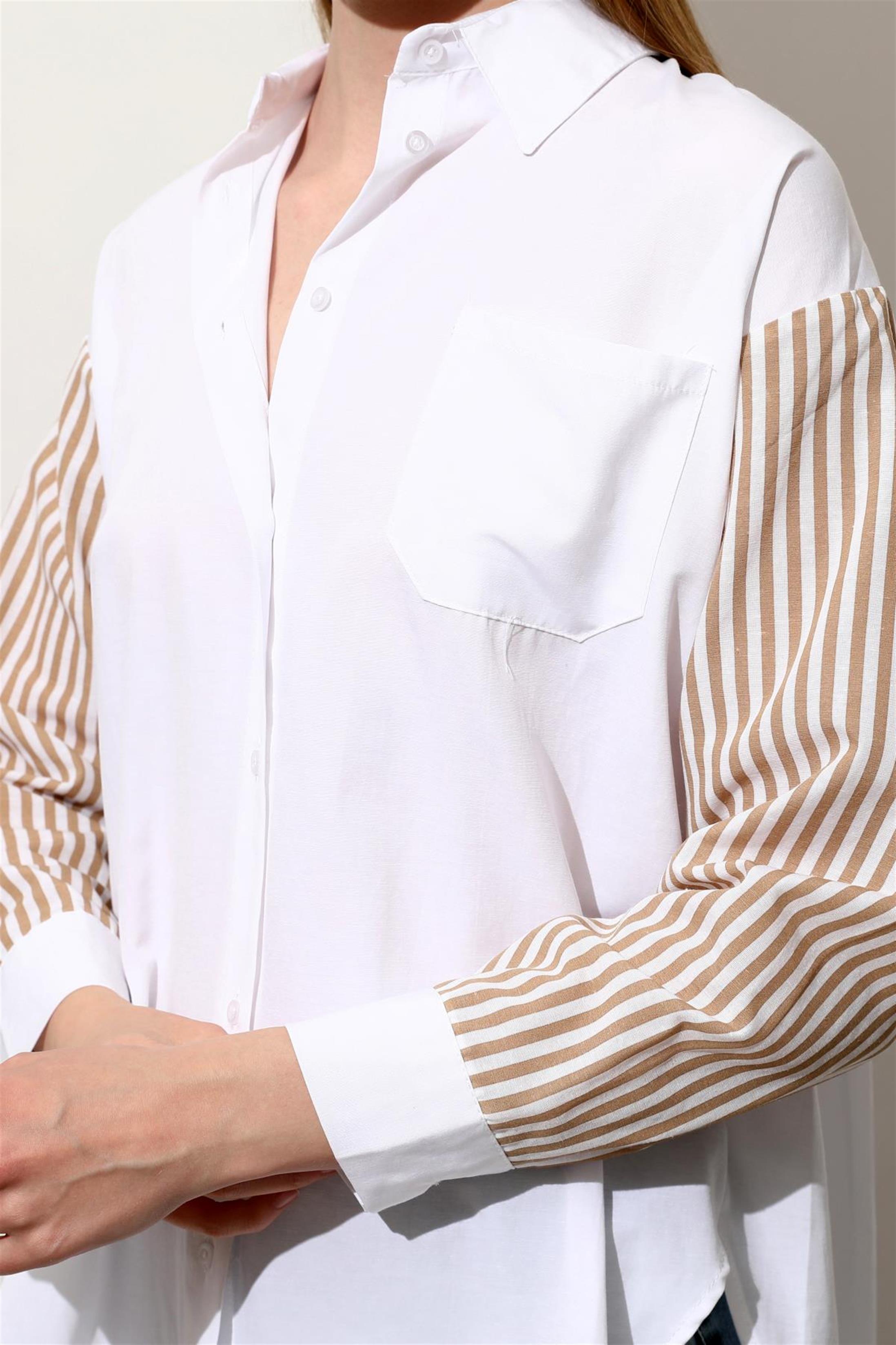 Kadın Kolu Çizgili Oversize Gömlek