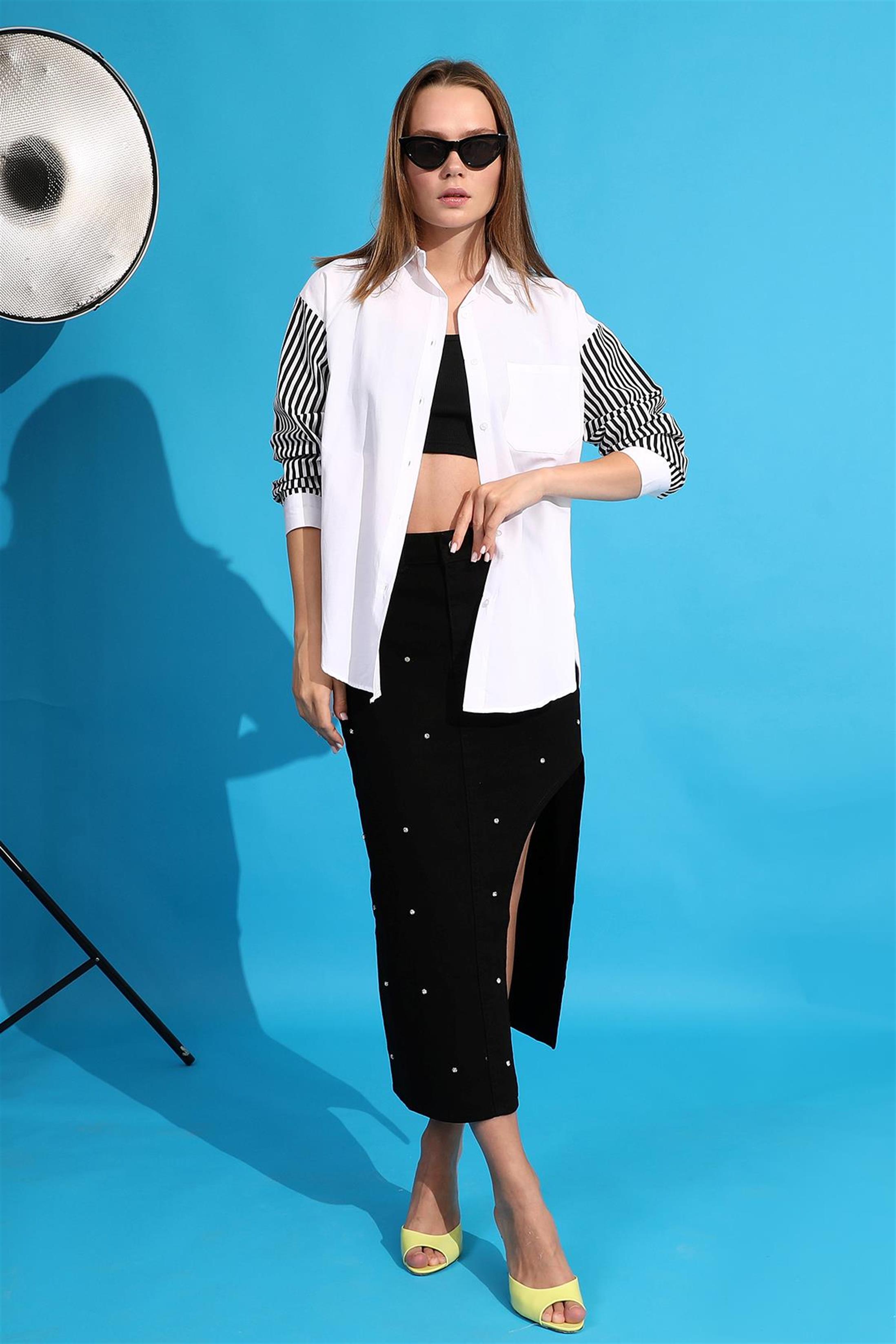 Kadın Kolu Çizgili Oversize Gömlek