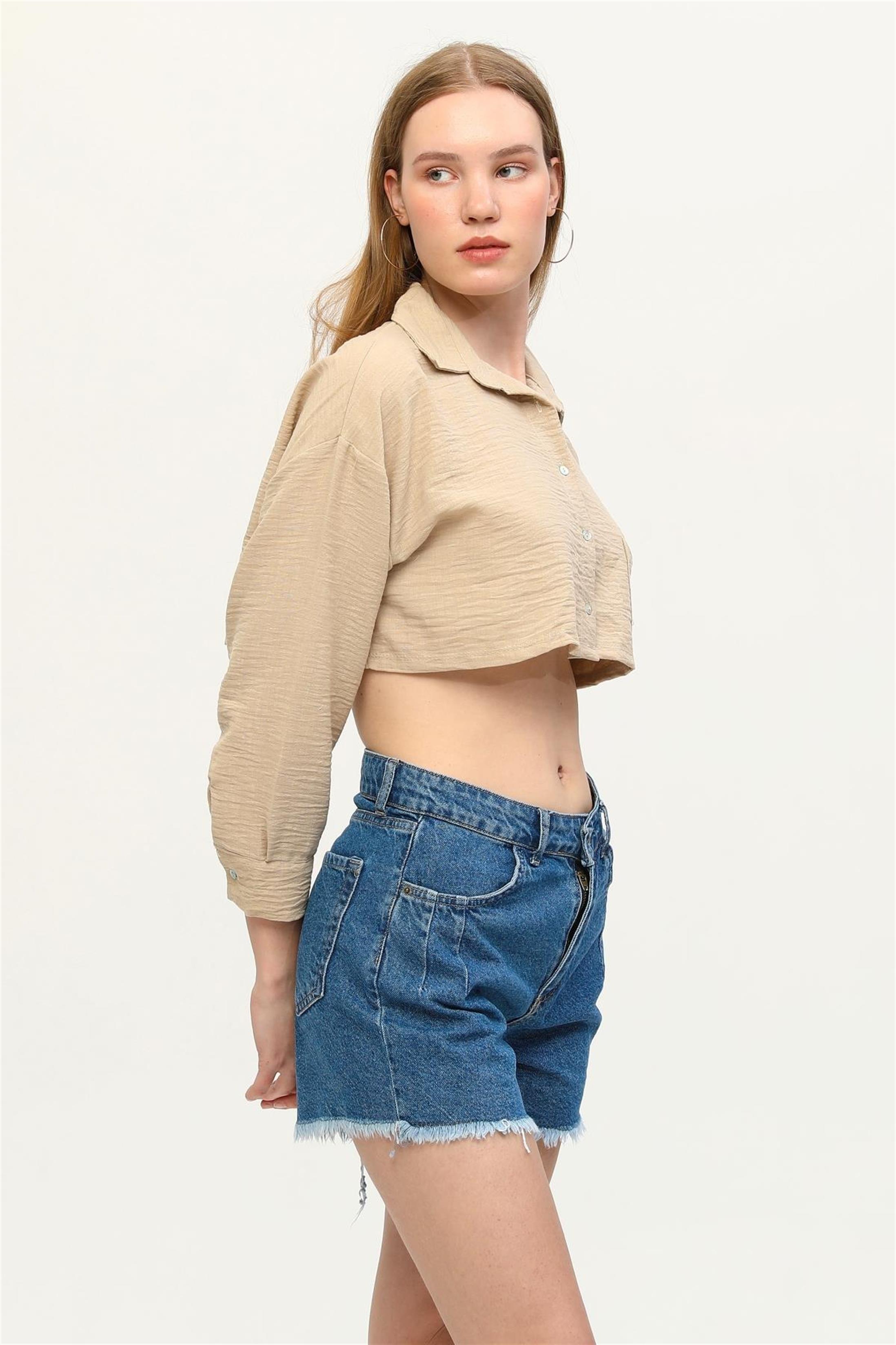 Kadın Tek Cepli Keten Salaş Crop Gömlek