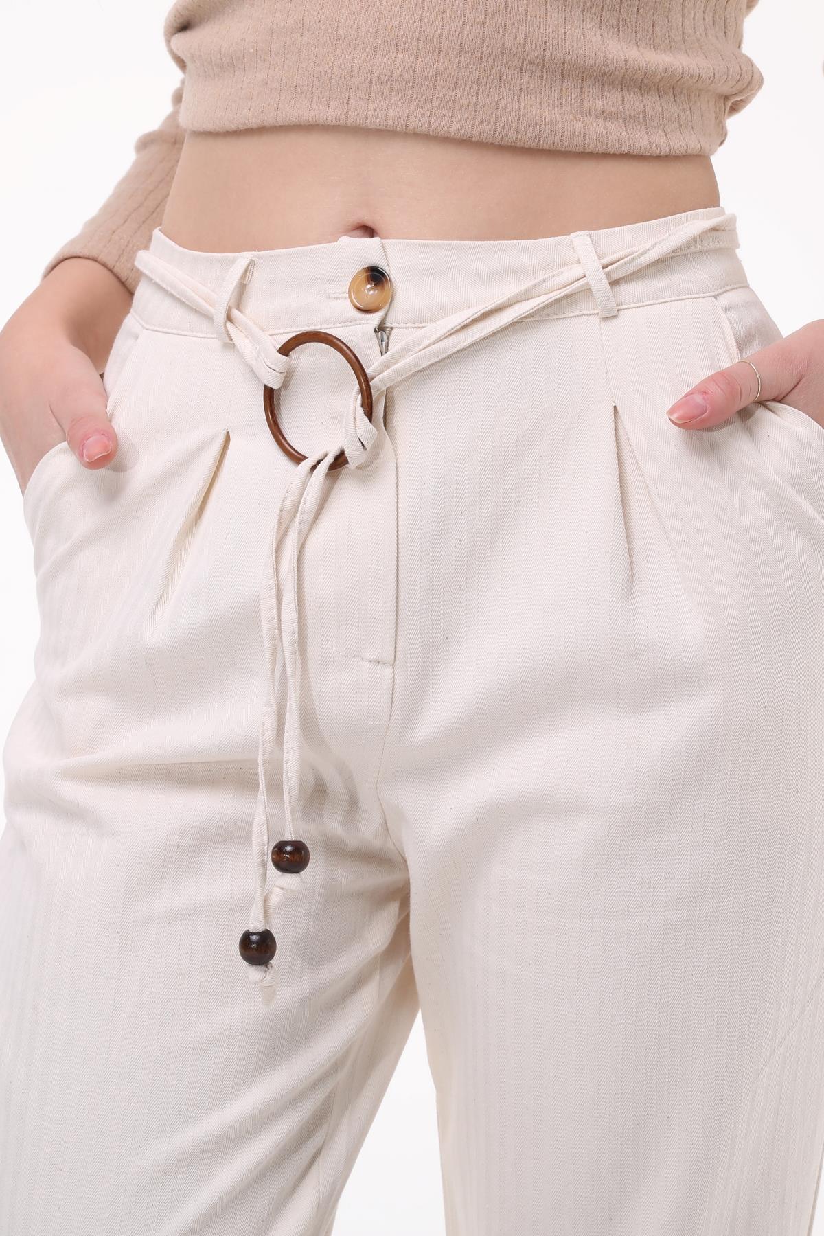 Kadın Kemerli Duble Paça Keten Pantolon