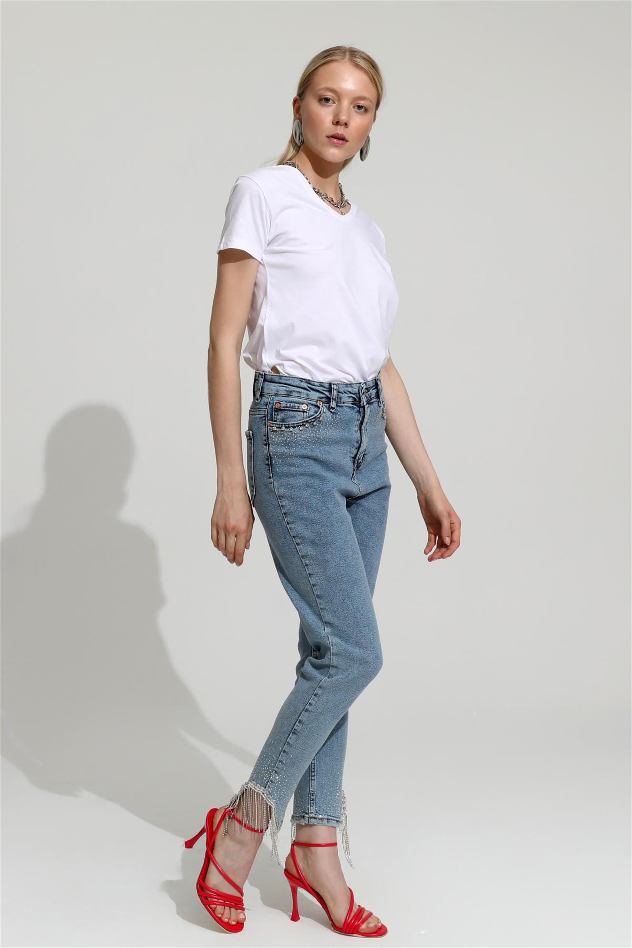Kadın Yüksek Bel Taş Detaylı Mom Jean Denim Pantolon