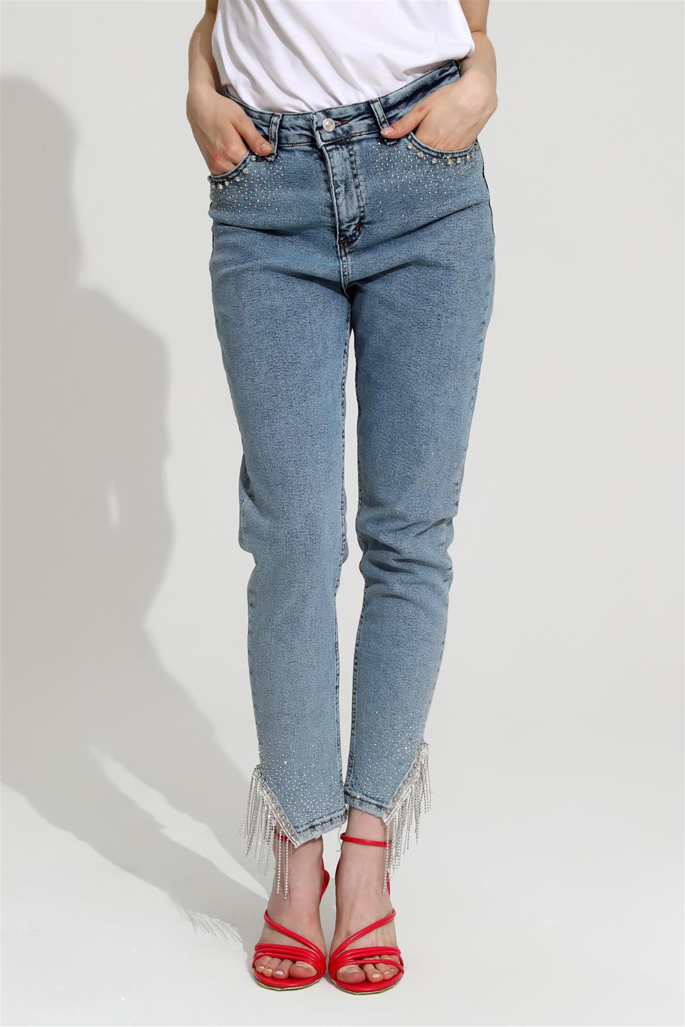 Kadın Yüksek Bel Taş Detaylı Mom Jean Denim Pantolon