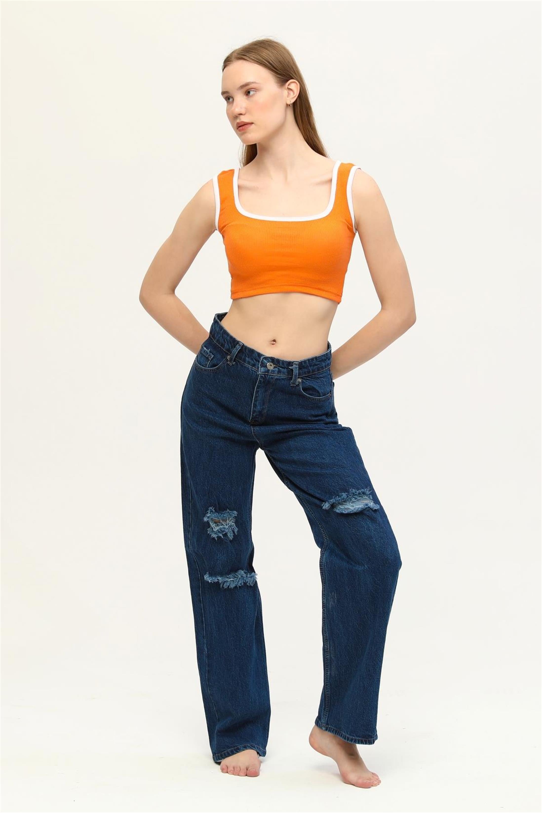 Kadın Yüksek Bel Salaş Yırtık Denim Jean Pantolon
