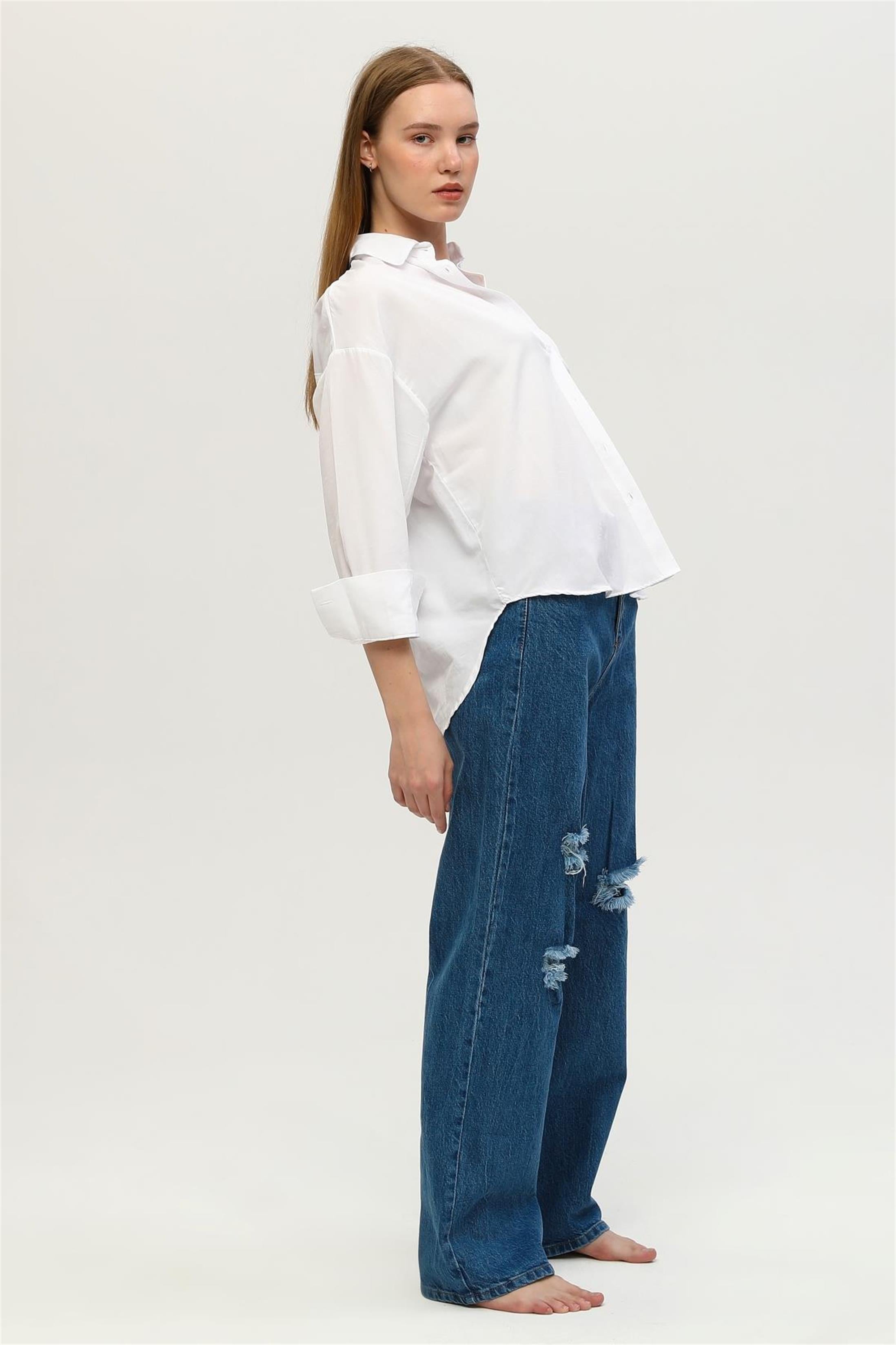 Kadın Yüksek Bel Salaş Yırtık Denim Jean Pantolon