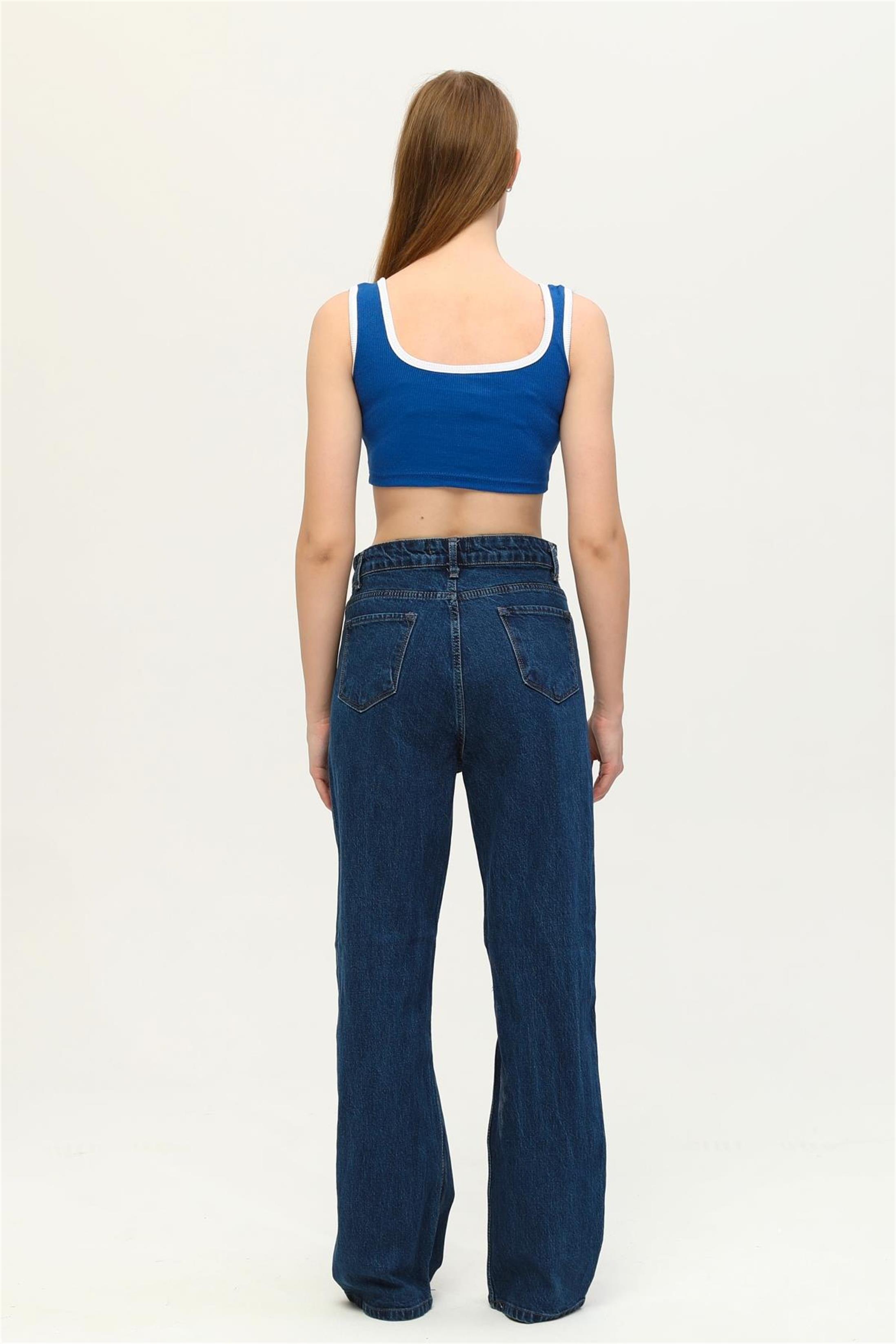 Kadın Yüksek Bel Salaş Yırtık Denim Jean Pantolon