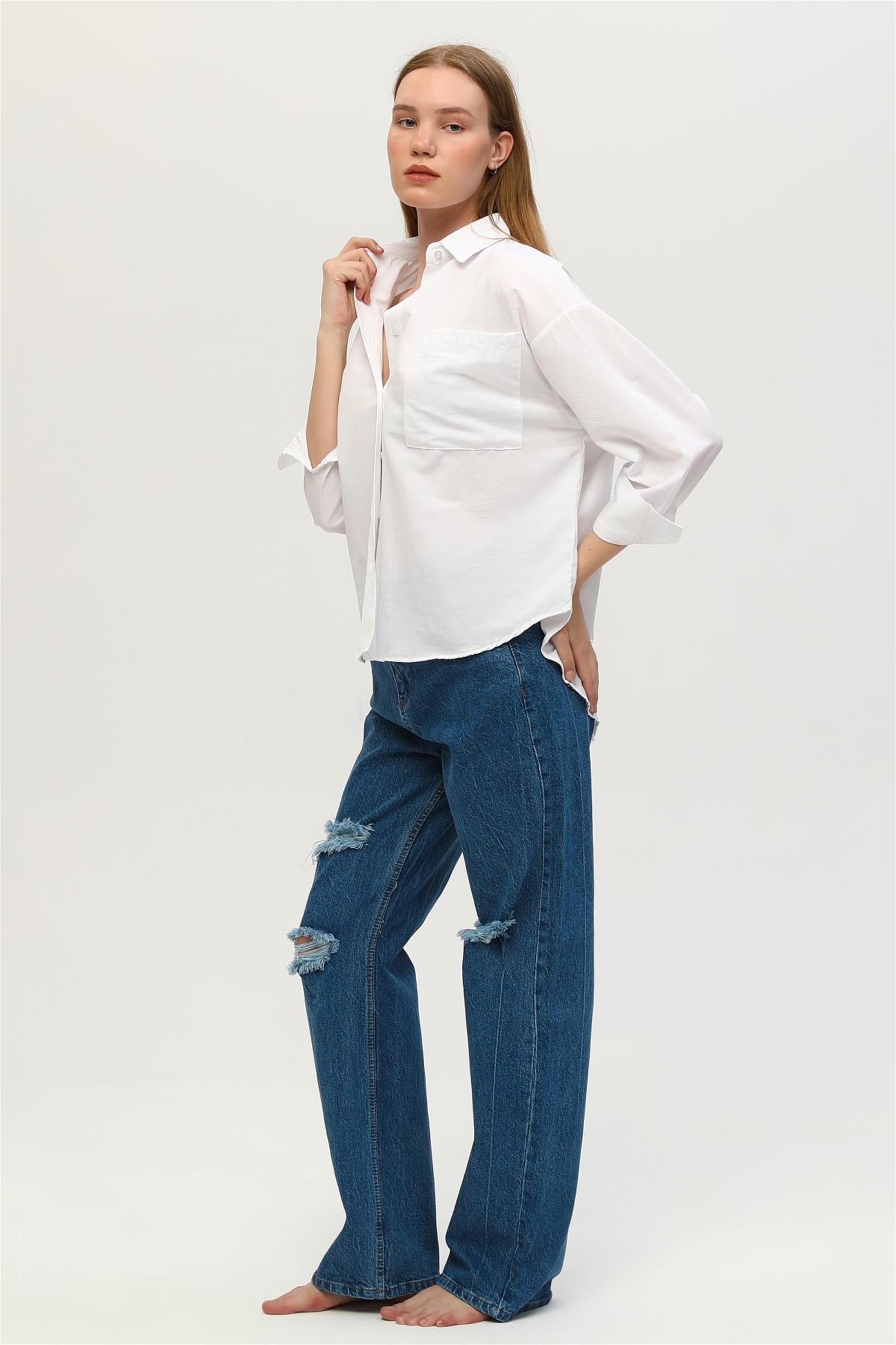 Kadın Yüksek Bel Salaş Yırtık Denim Jean Pantolon