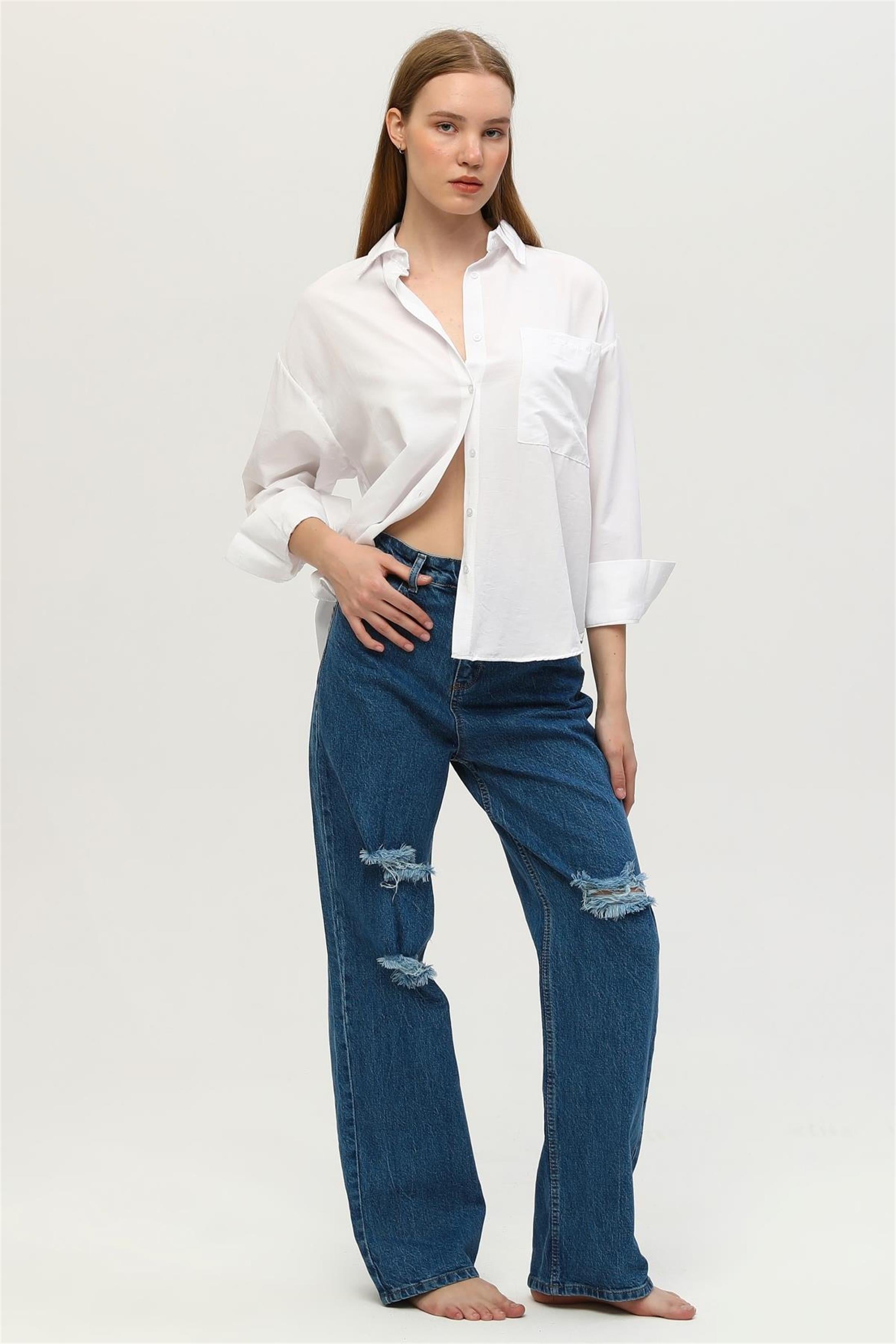 Kadın Yüksek Bel Salaş Yırtık Denim Jean Pantolon