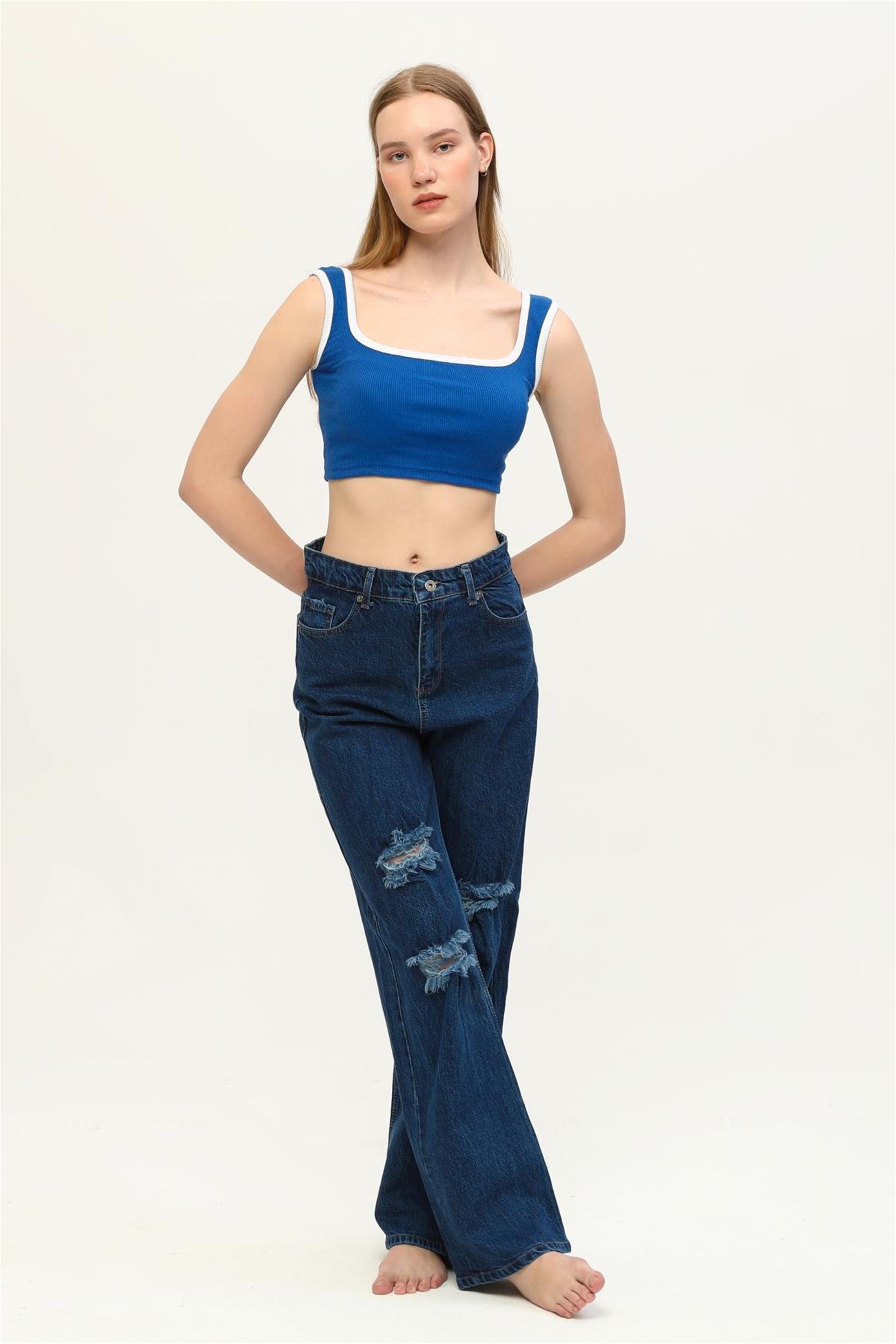 Kadın Yüksek Bel Salaş Yırtık Denim Jean Pantolon