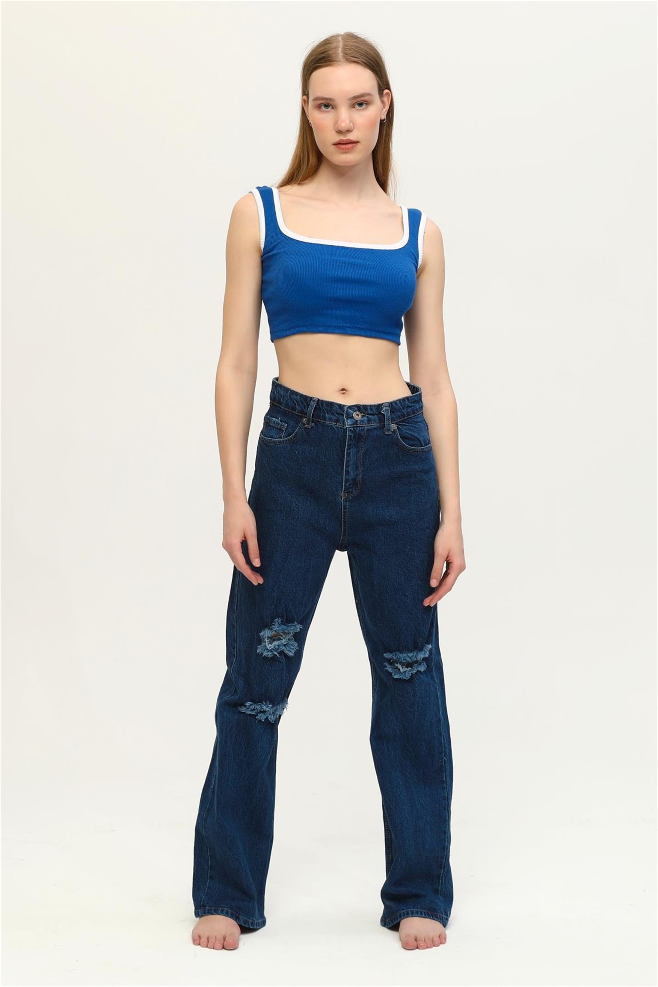 Kadın Yüksek Bel Salaş Yırtık Denim Jean Pantolon