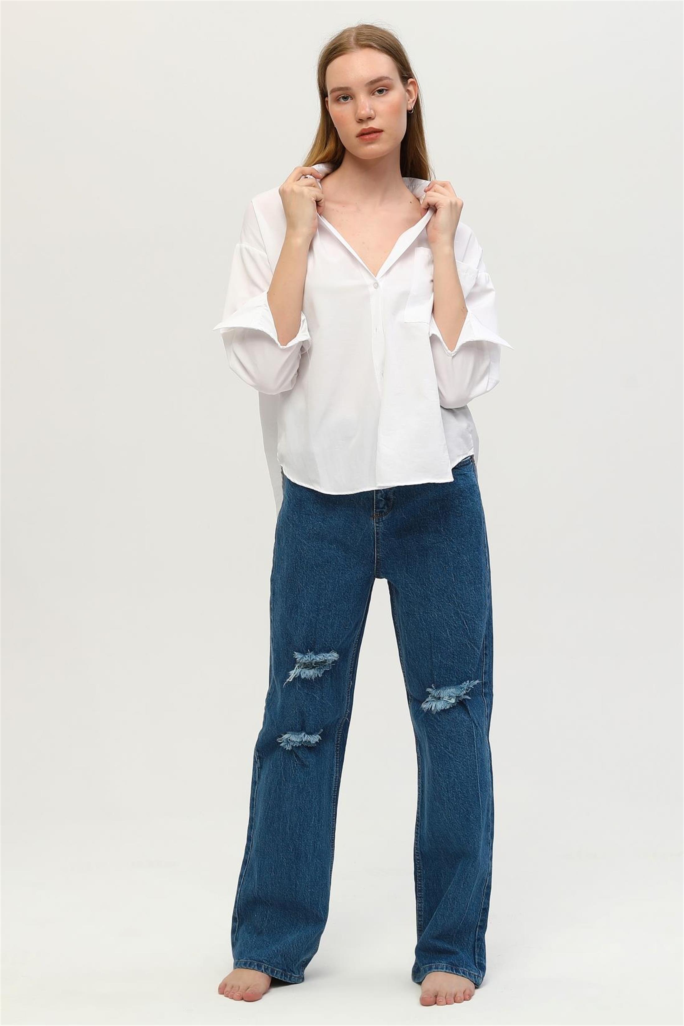 Kadın Yüksek Bel Salaş Yırtık Denim Jean Pantolon