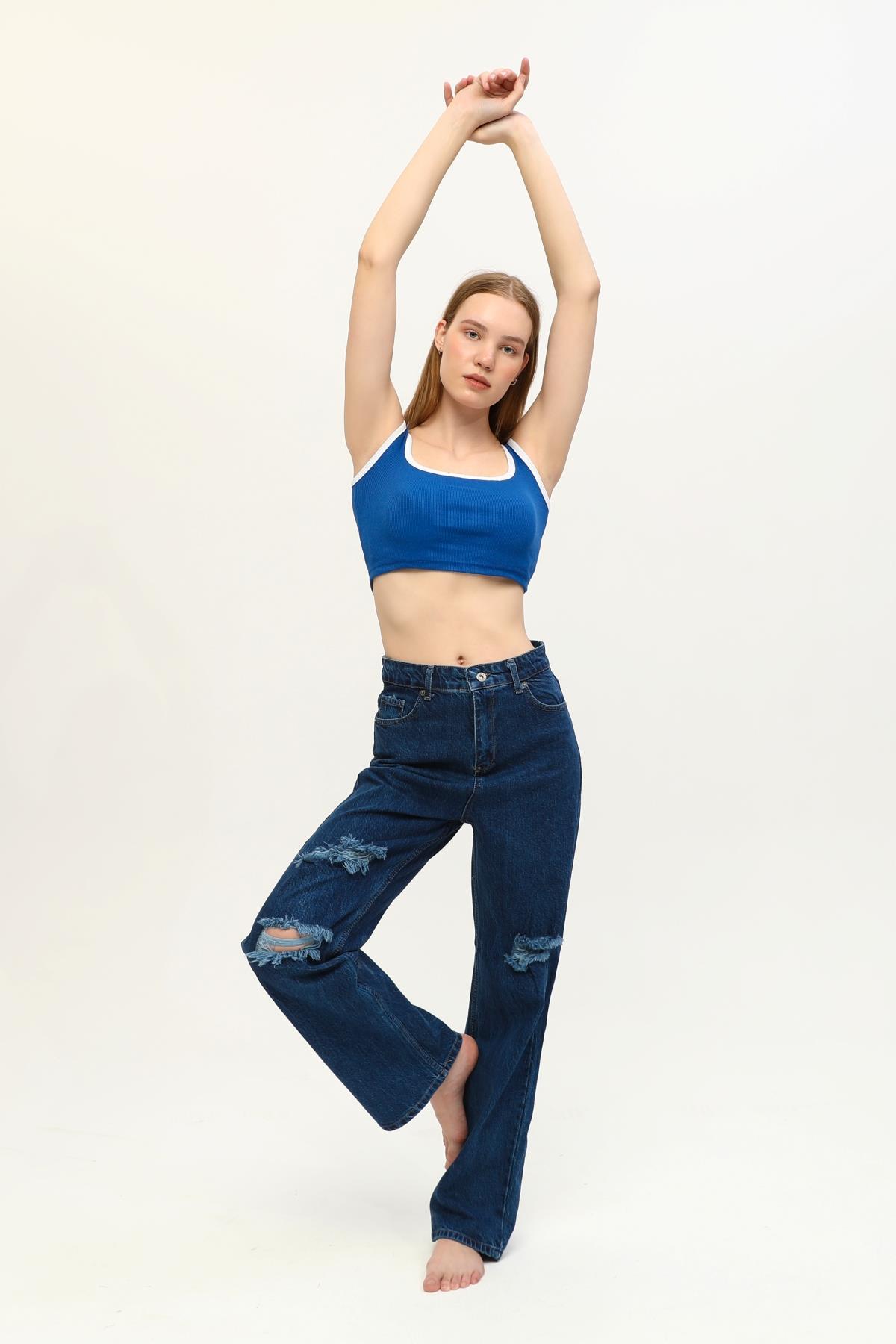 Kadın Yüksek Bel Salaş Yırtık Denim Jean Pantolon