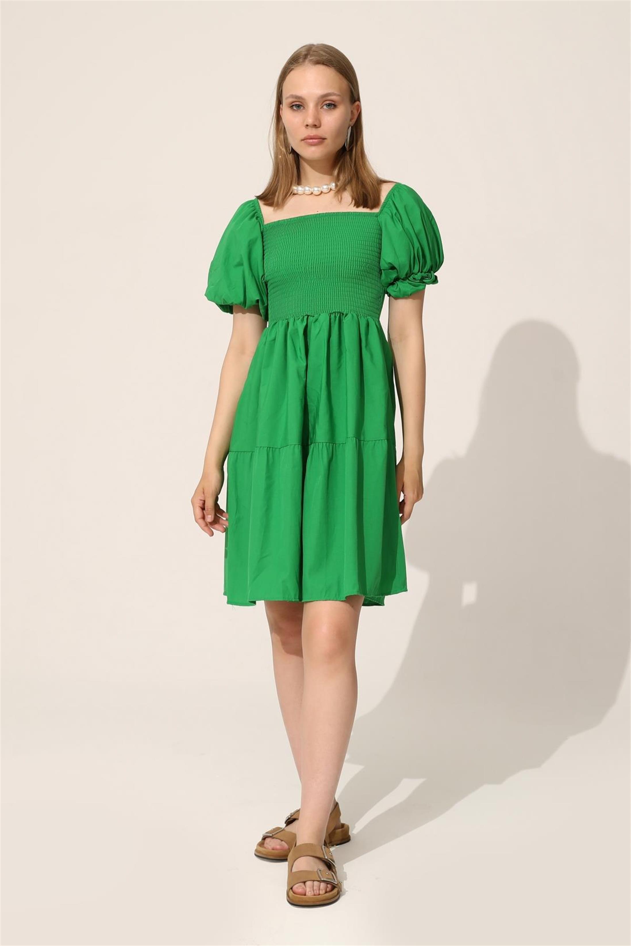 Balon Kol Gipeli Elbise - Yeşil