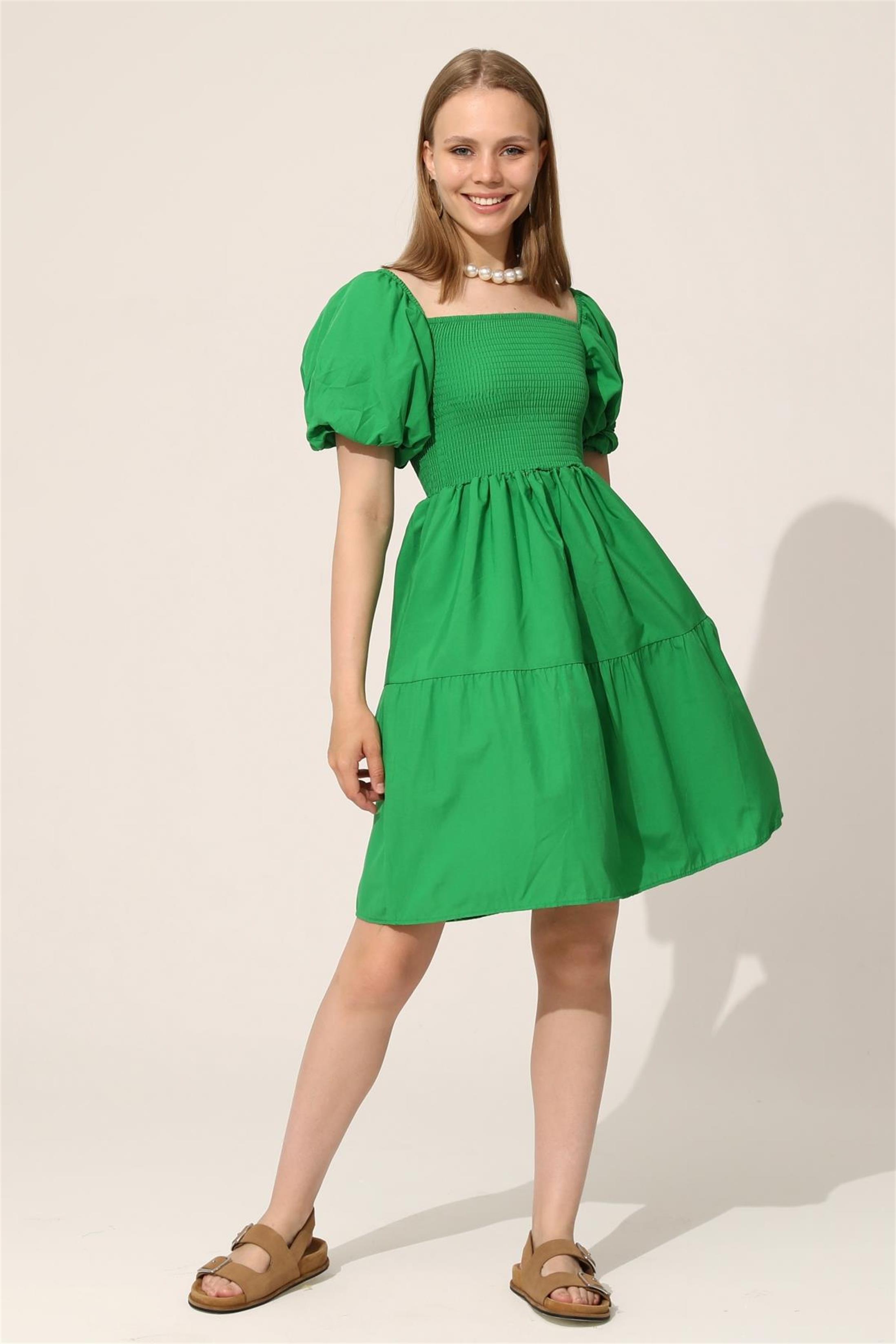 Balon Kol Gipeli Elbise - Yeşil