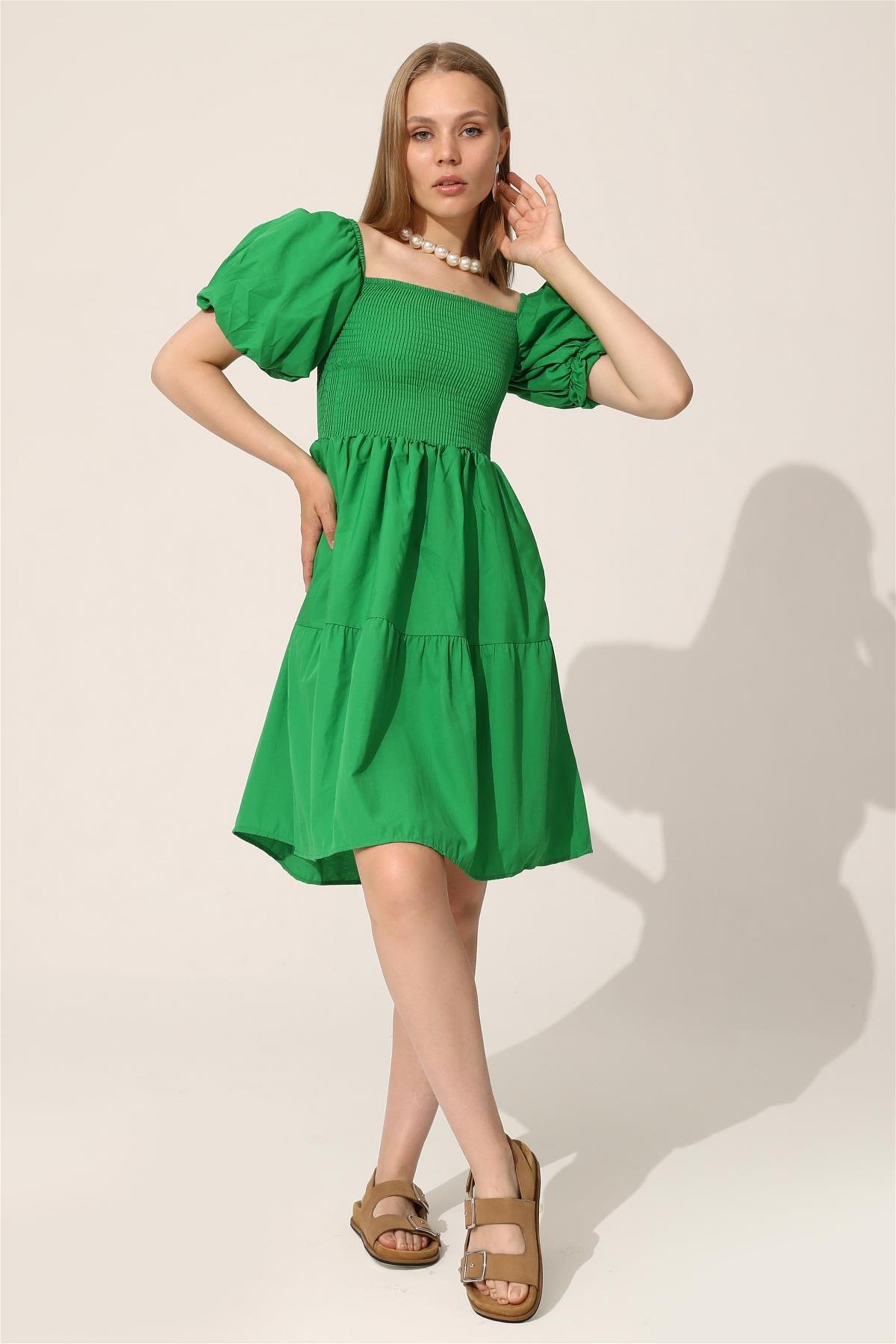 Balon Kol Gipeli Elbise - Yeşil