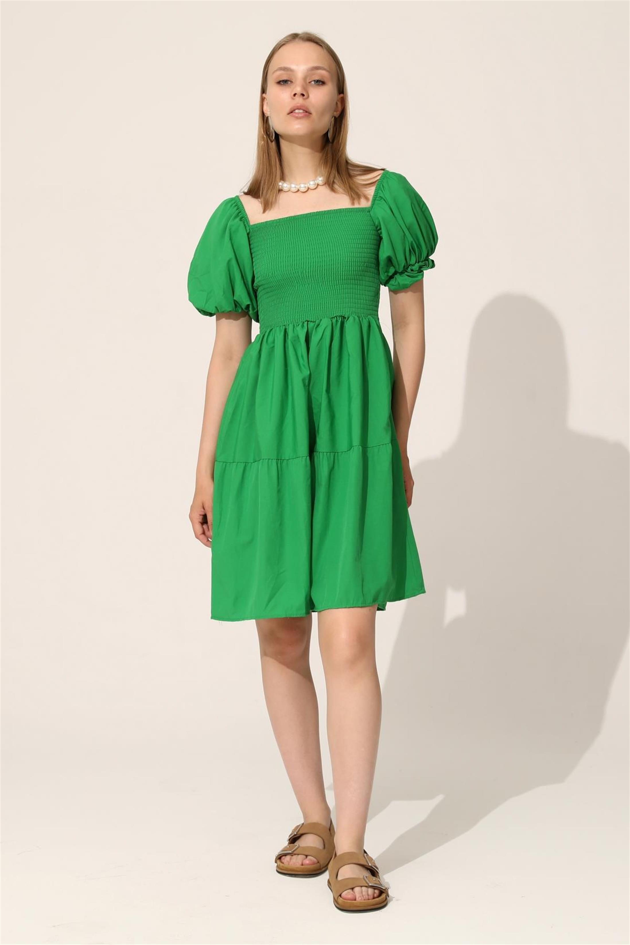 Balon Kol Gipeli Elbise - Yeşil