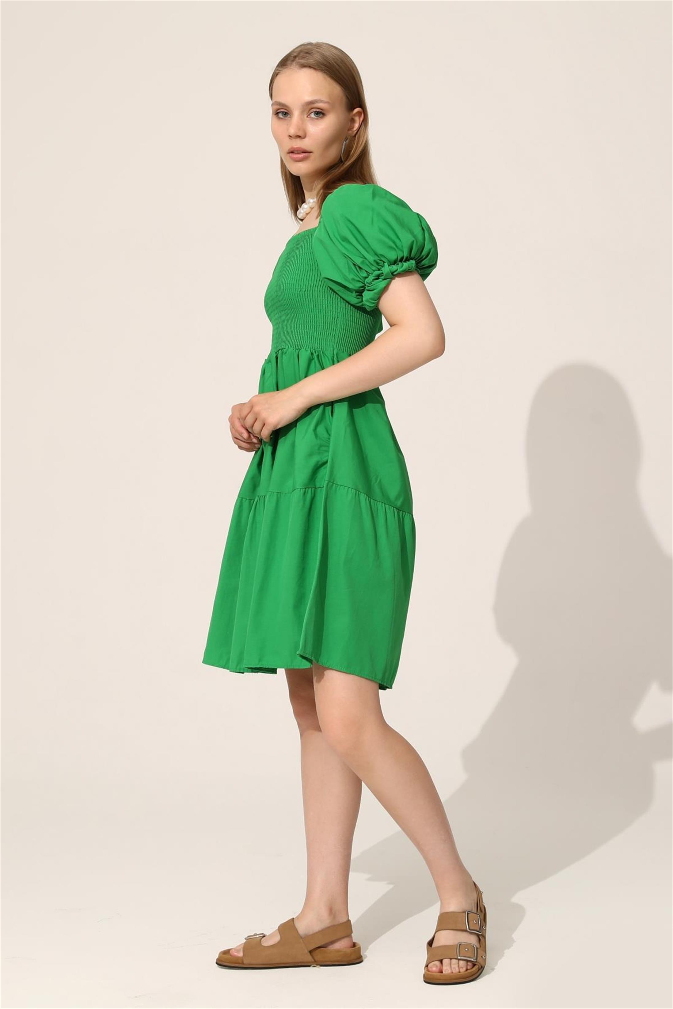 Balon Kol Gipeli Elbise - Yeşil