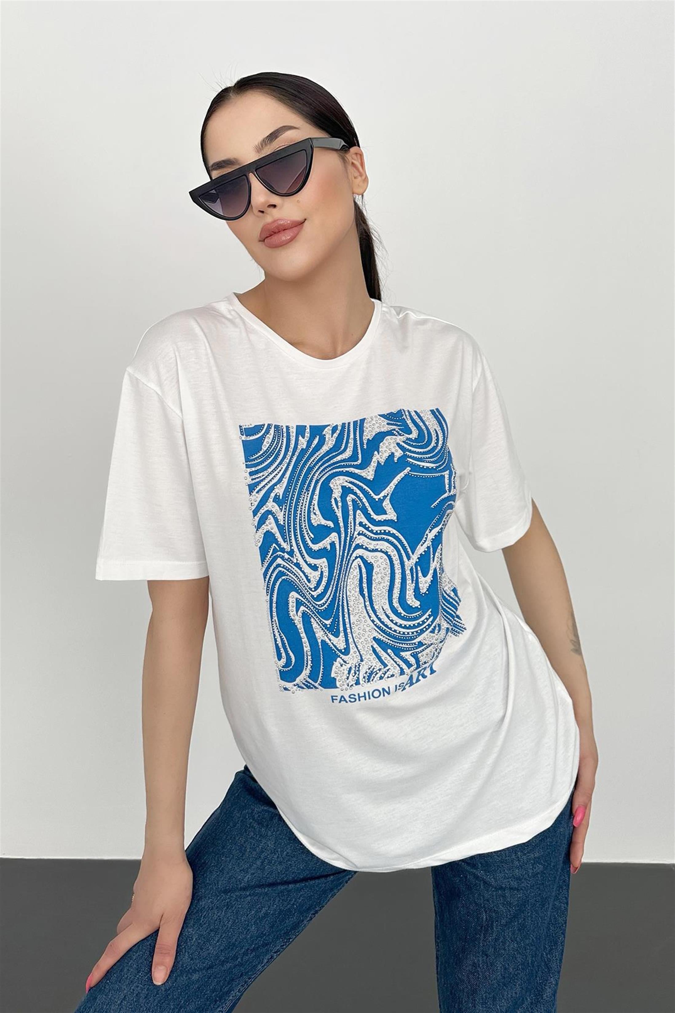 Fashion Is Art Baskılı T-Shirt - Sax