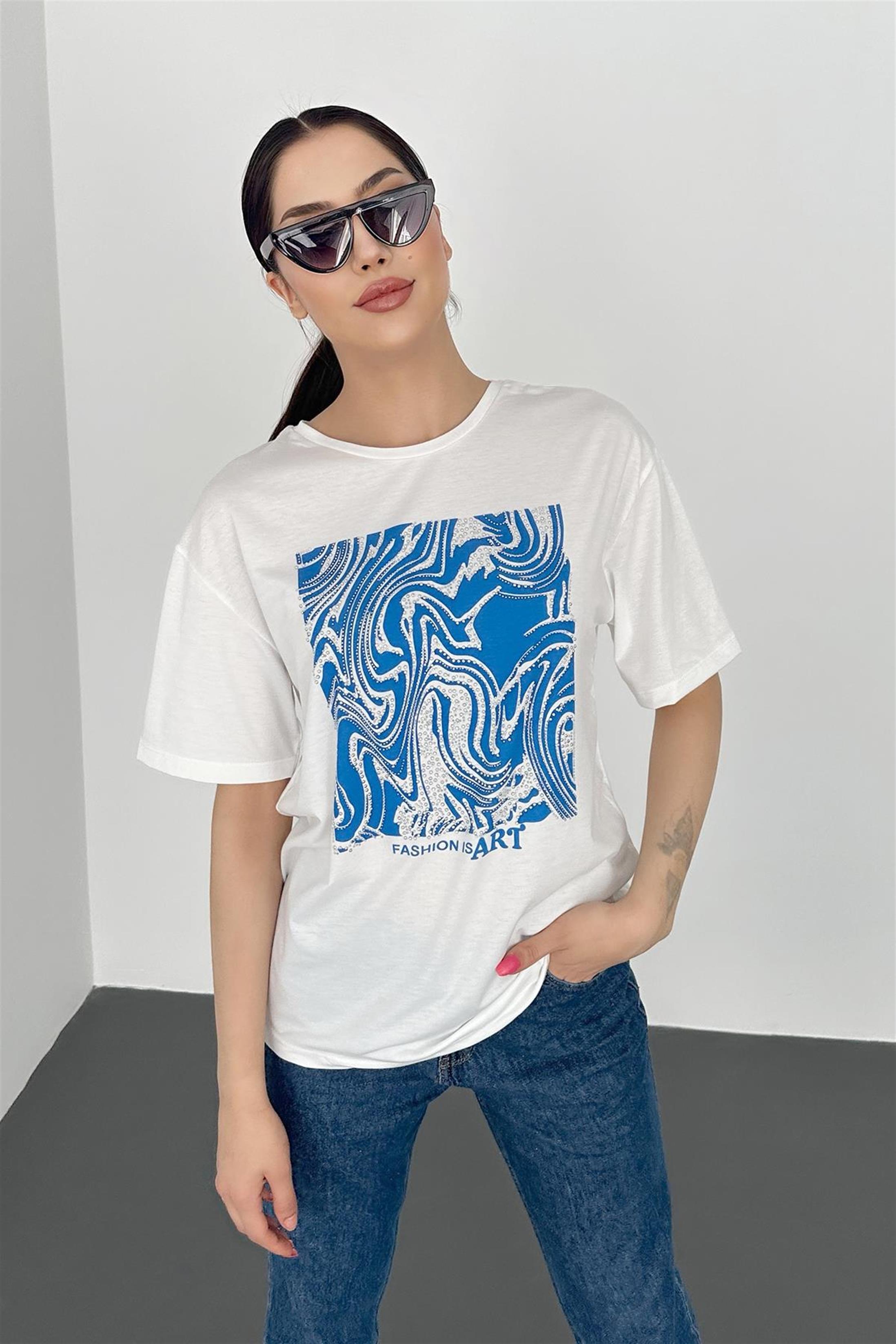 Fashion Is Art Baskılı T-Shirt - Sax