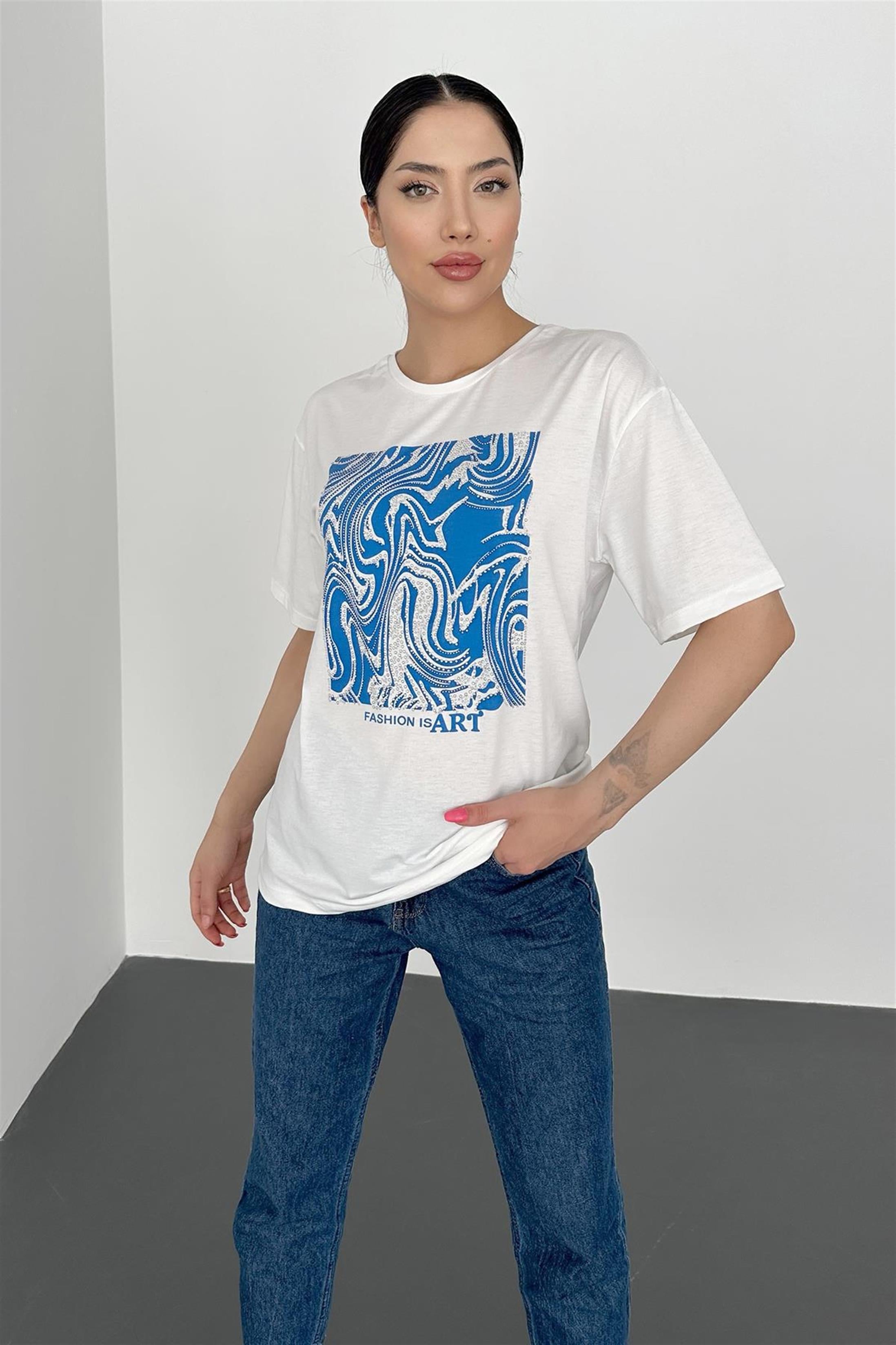 Fashion Is Art Baskılı T-Shirt - Sax