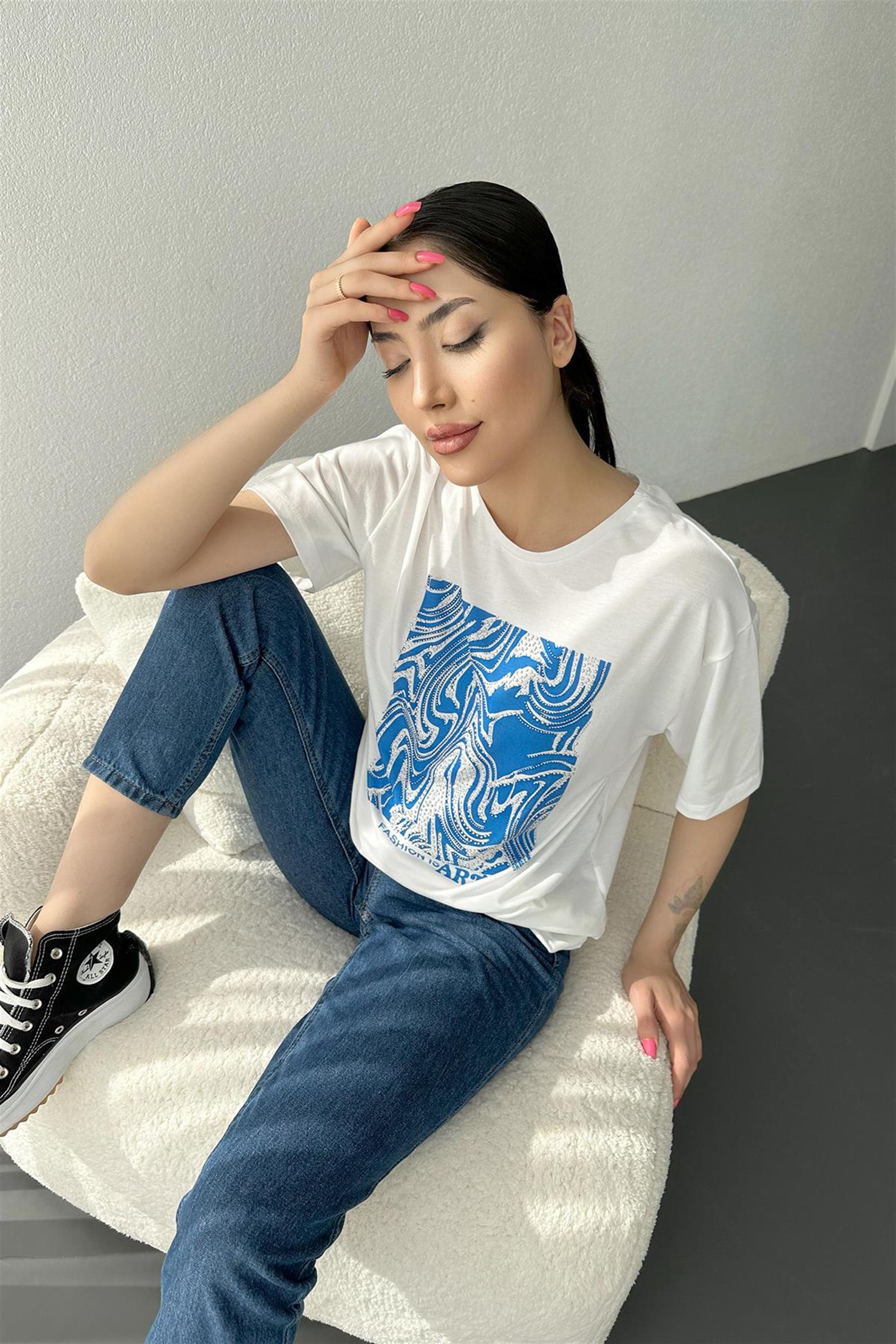 Fashion Is Art Baskılı T-Shirt - Sax