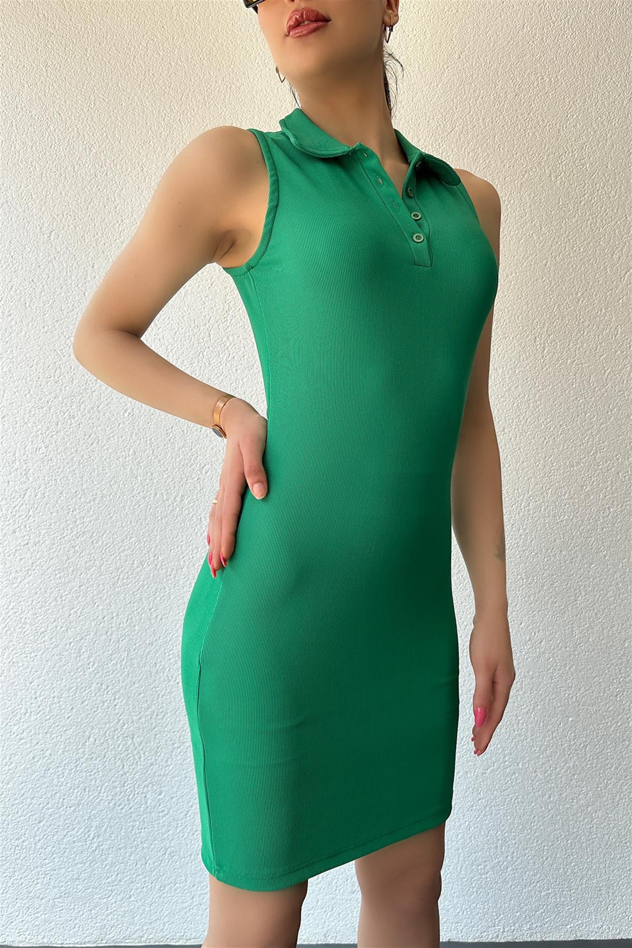 Yakalı Dar Mini Sıfır Kol Elbise - Yeşil