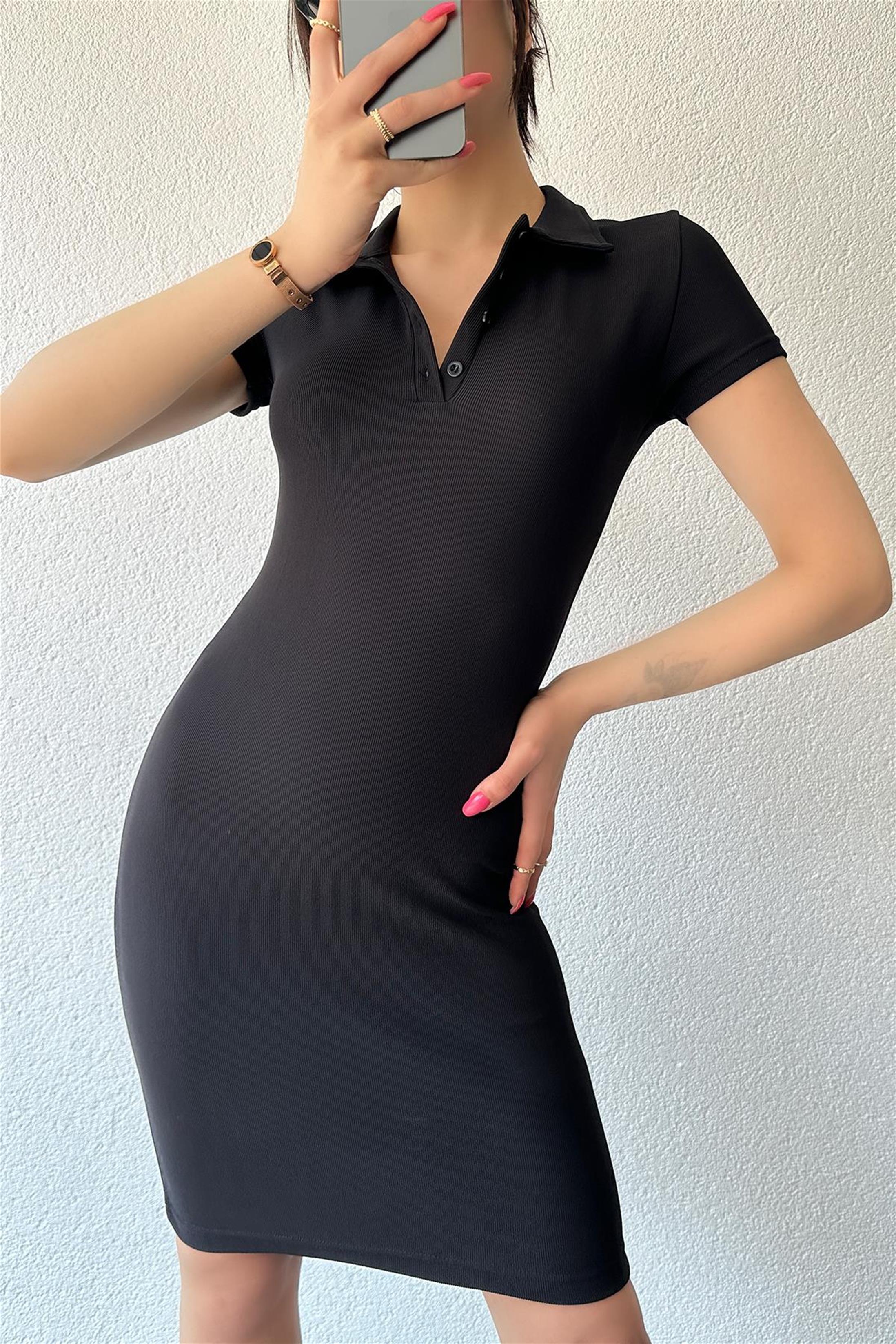 Yakalı Patlı Yarım Kol Mini Elbise - Yeşil