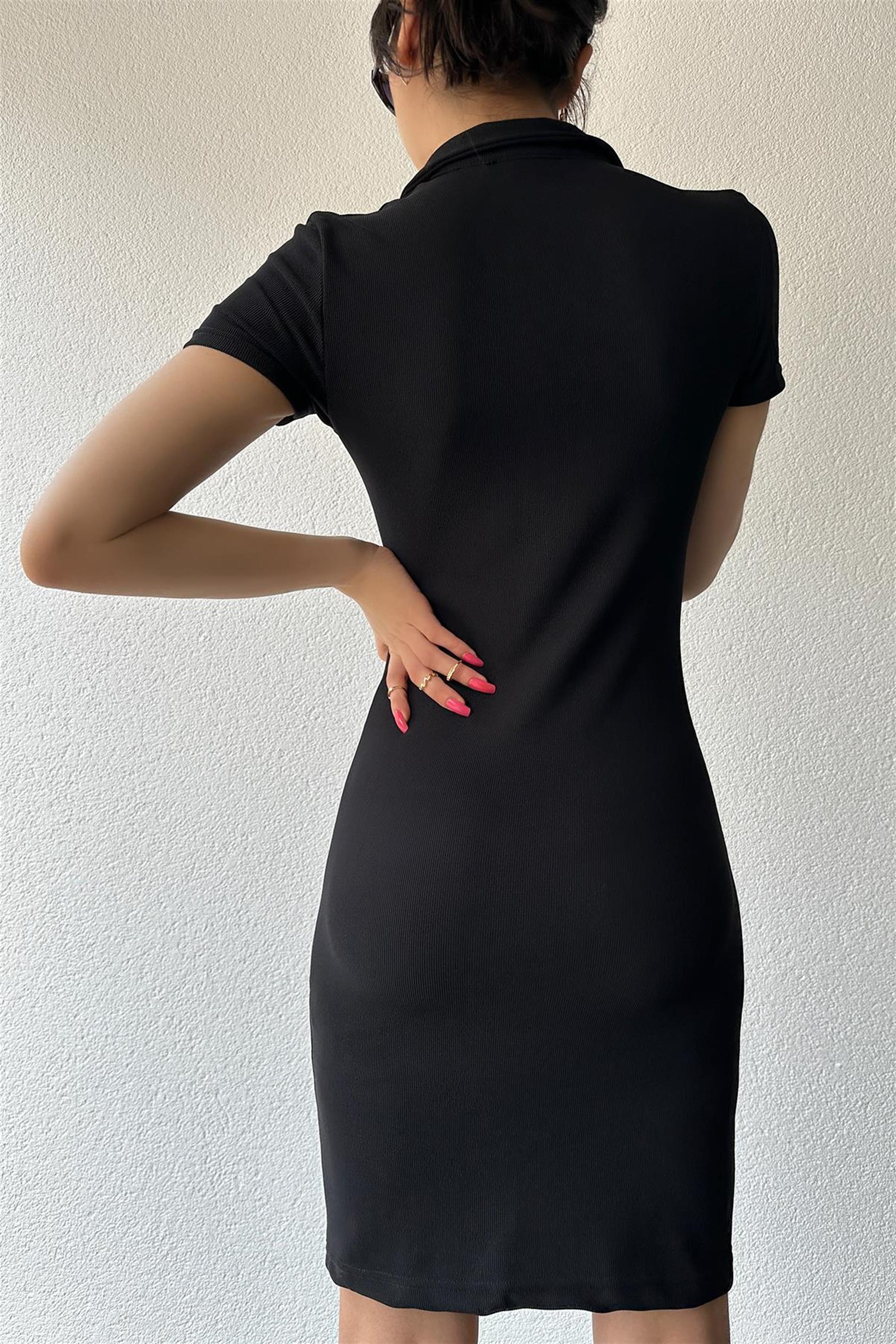 Yakalı Patlı Yarım Kol Mini Elbise - Yeşil
