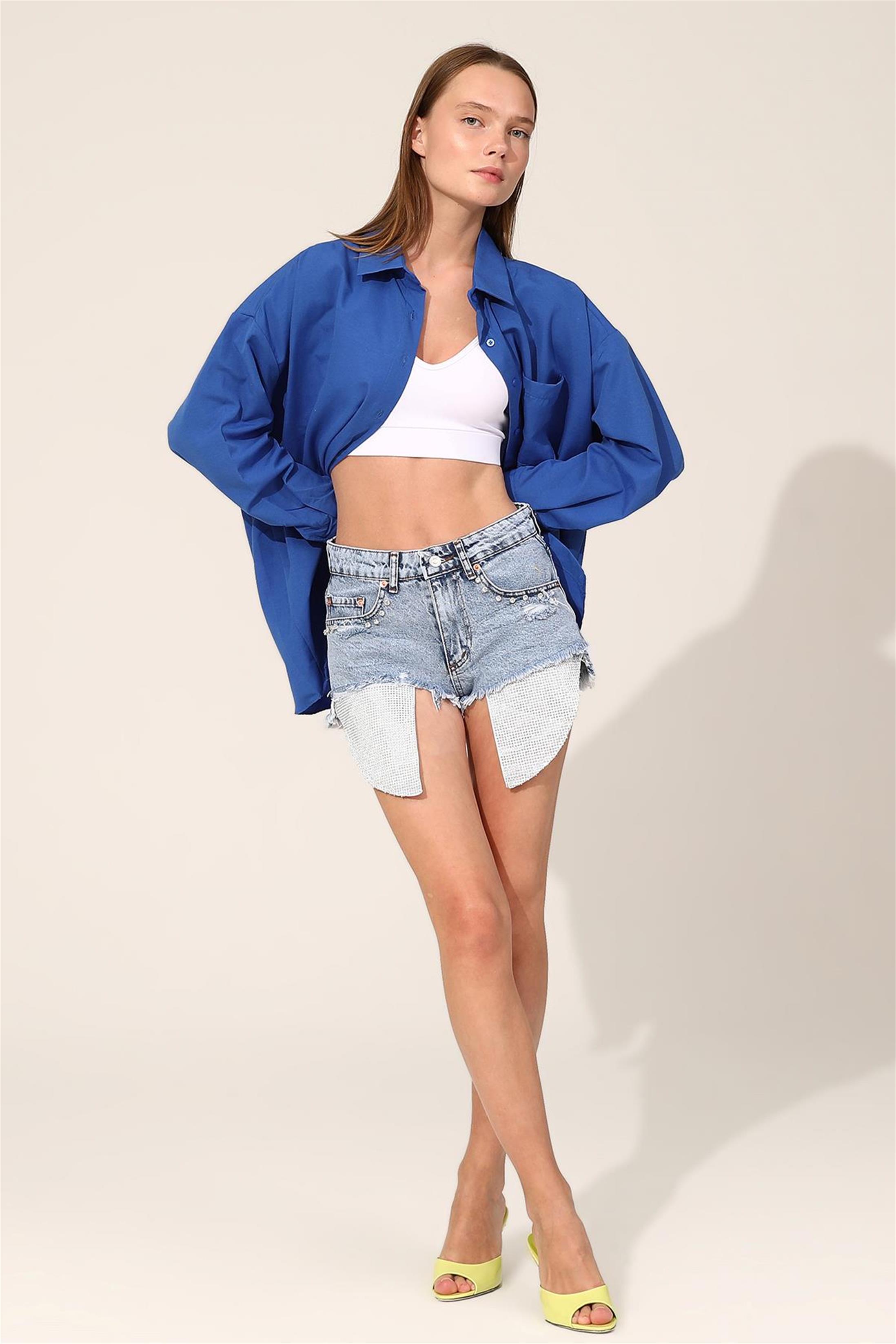 Oversize Poplin Gömlek - Mavi