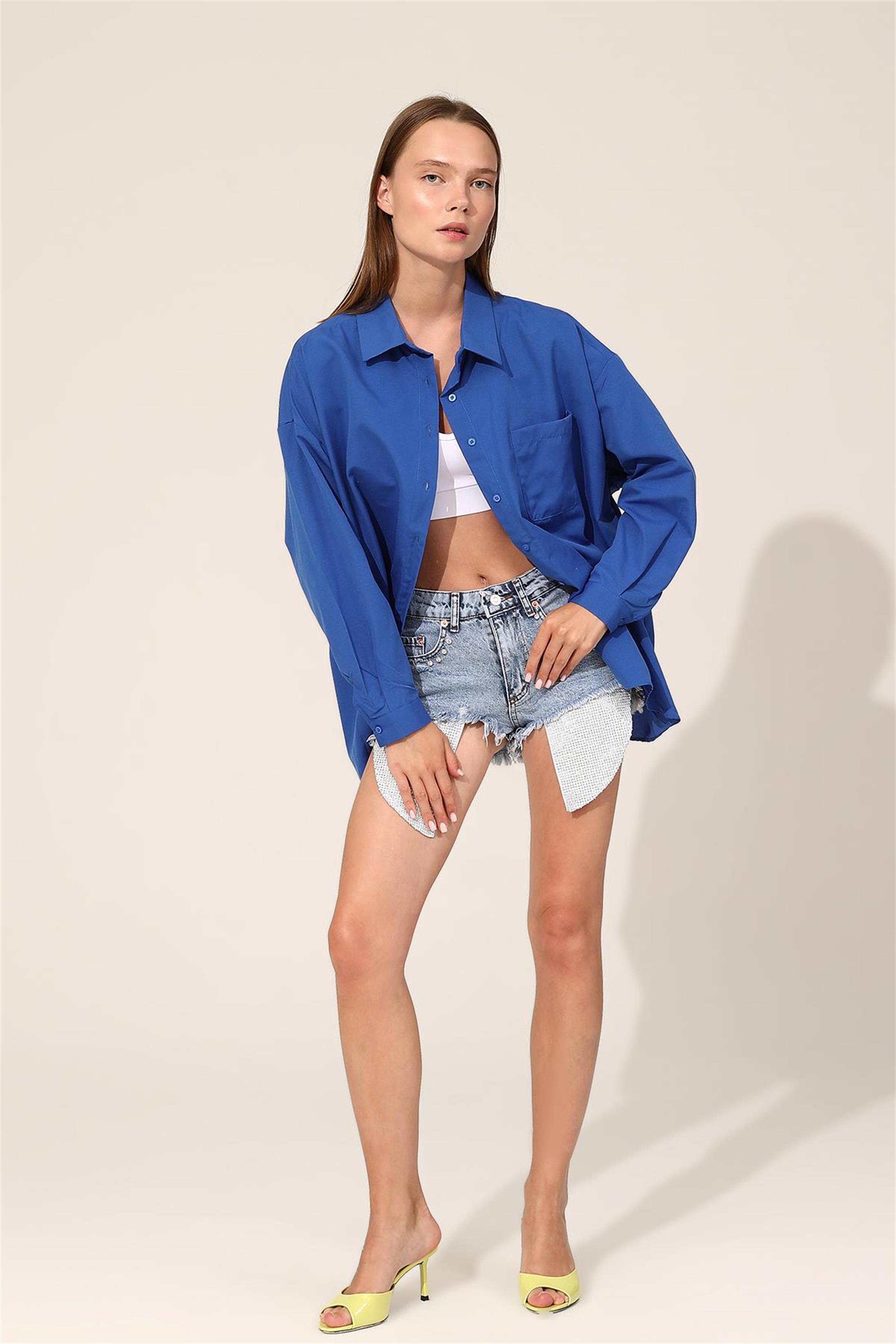 Oversize Poplin Gömlek - Mavi