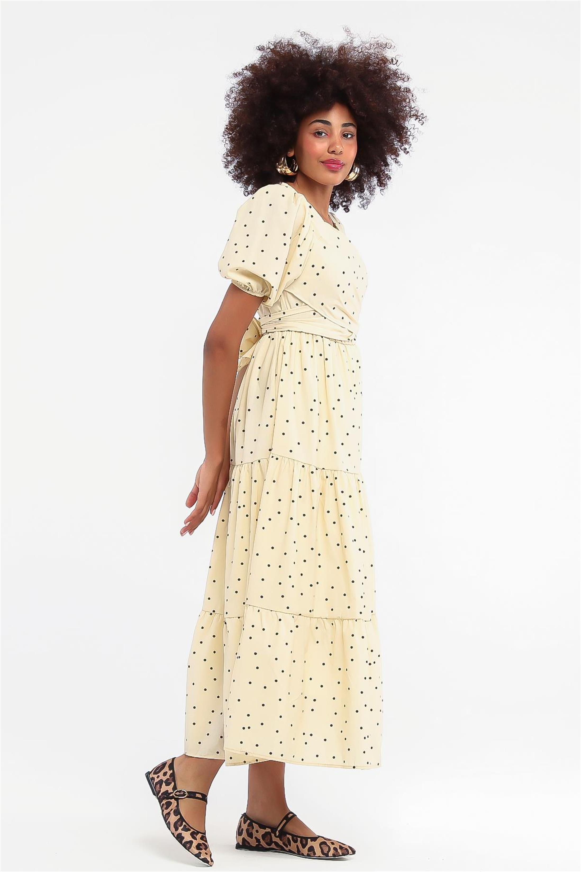 Arkadan Bağlamalı Benekli Poplin Elbise - Sarı