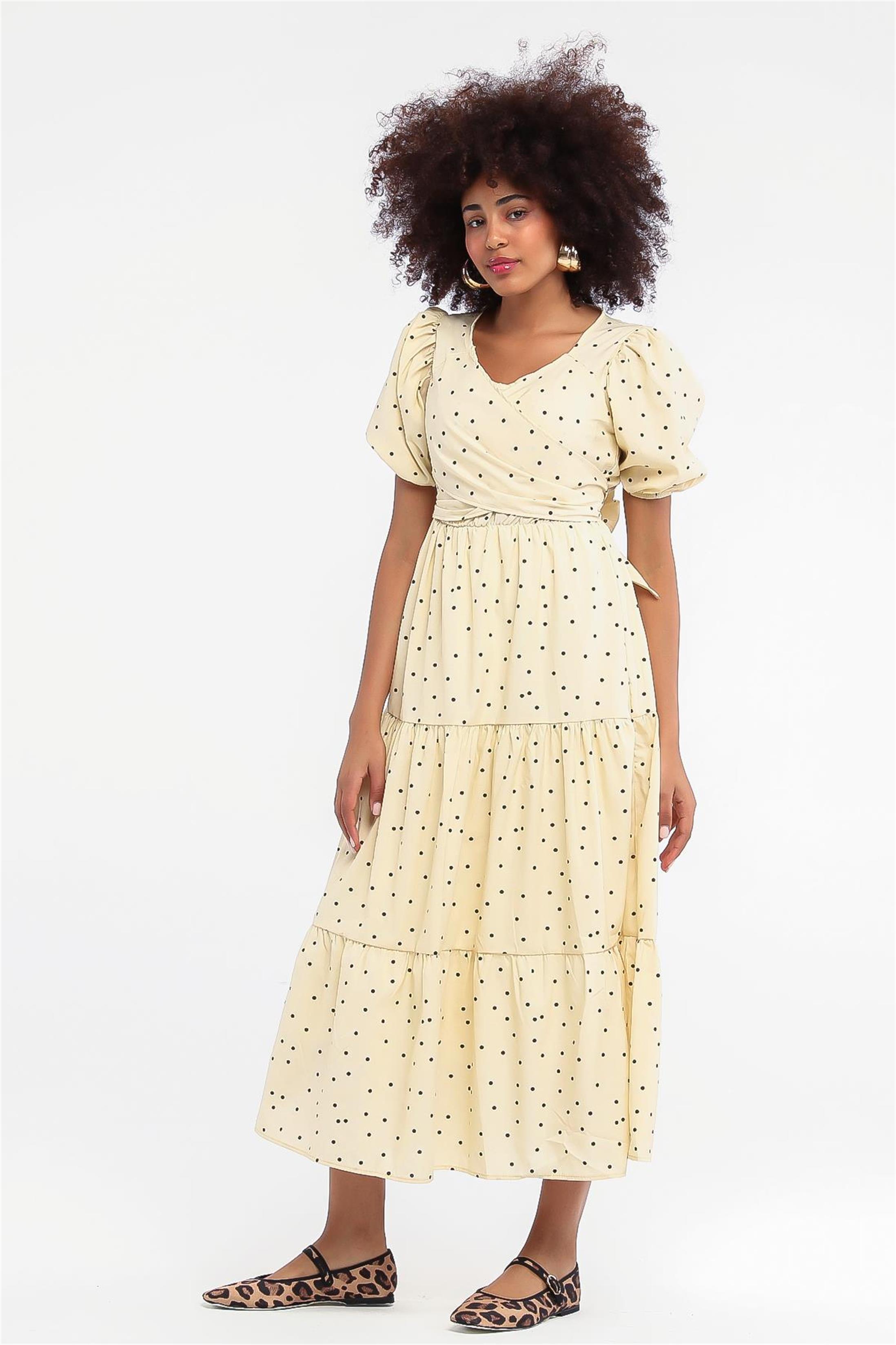 Arkadan Bağlamalı Benekli Poplin Elbise - Sarı