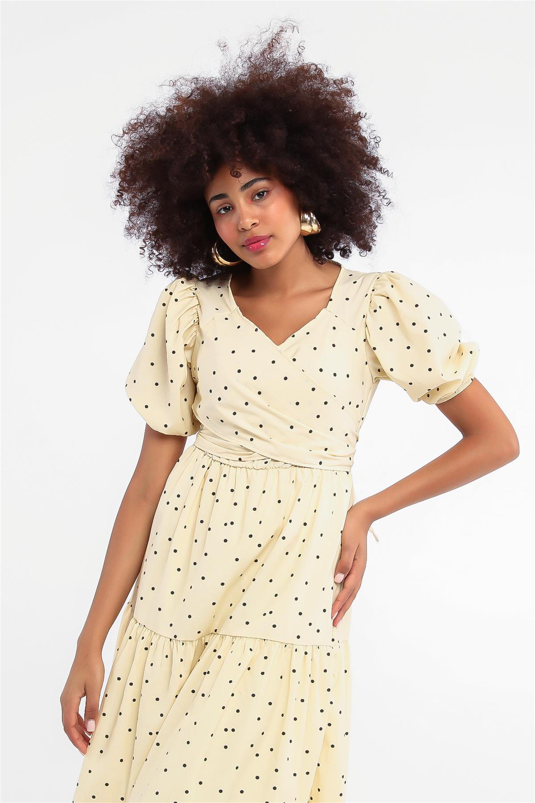 Arkadan Bağlamalı Benekli Poplin Elbise - Sarı