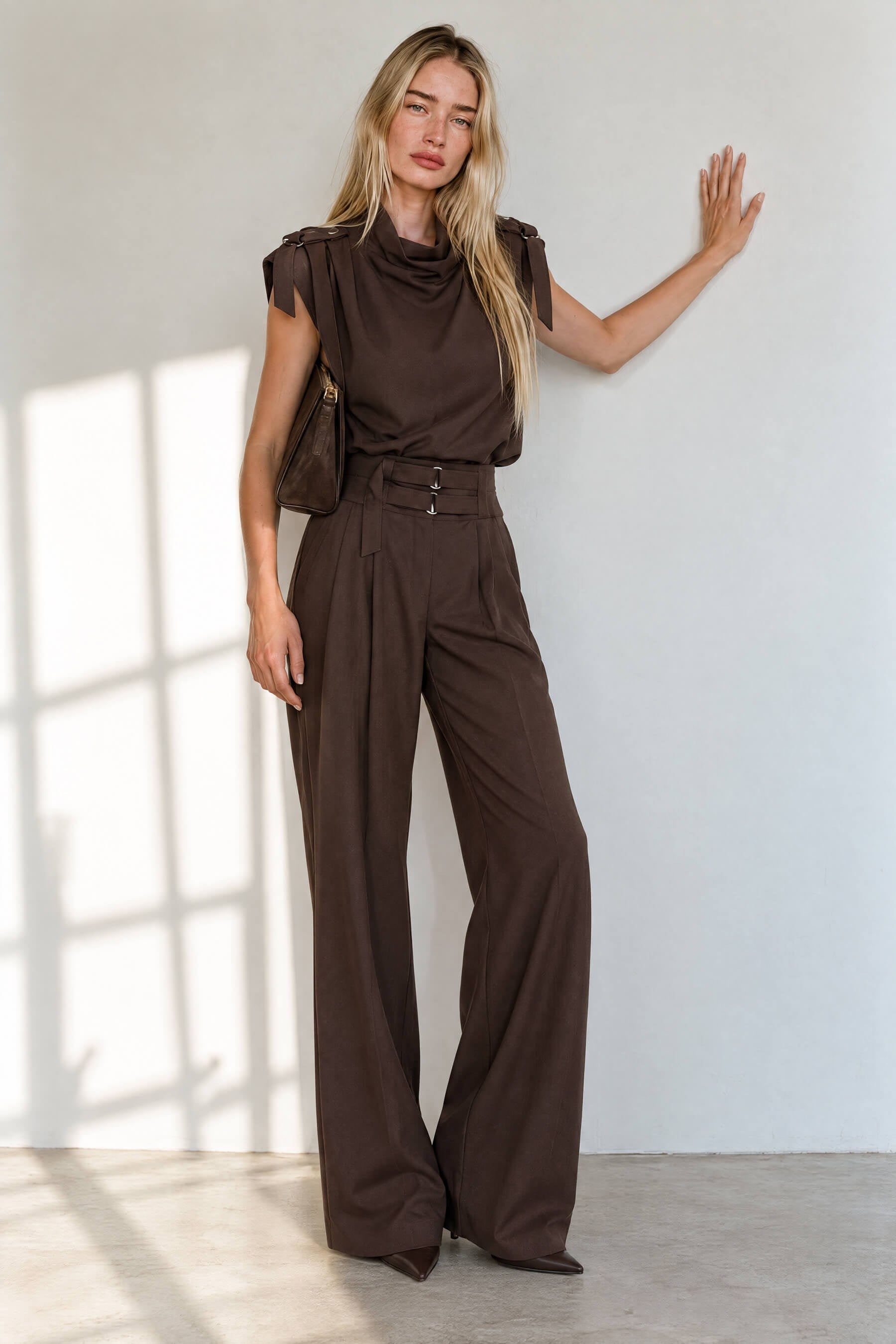Acı Kahve Apolet Detaylı Bluz Pantolon Takım