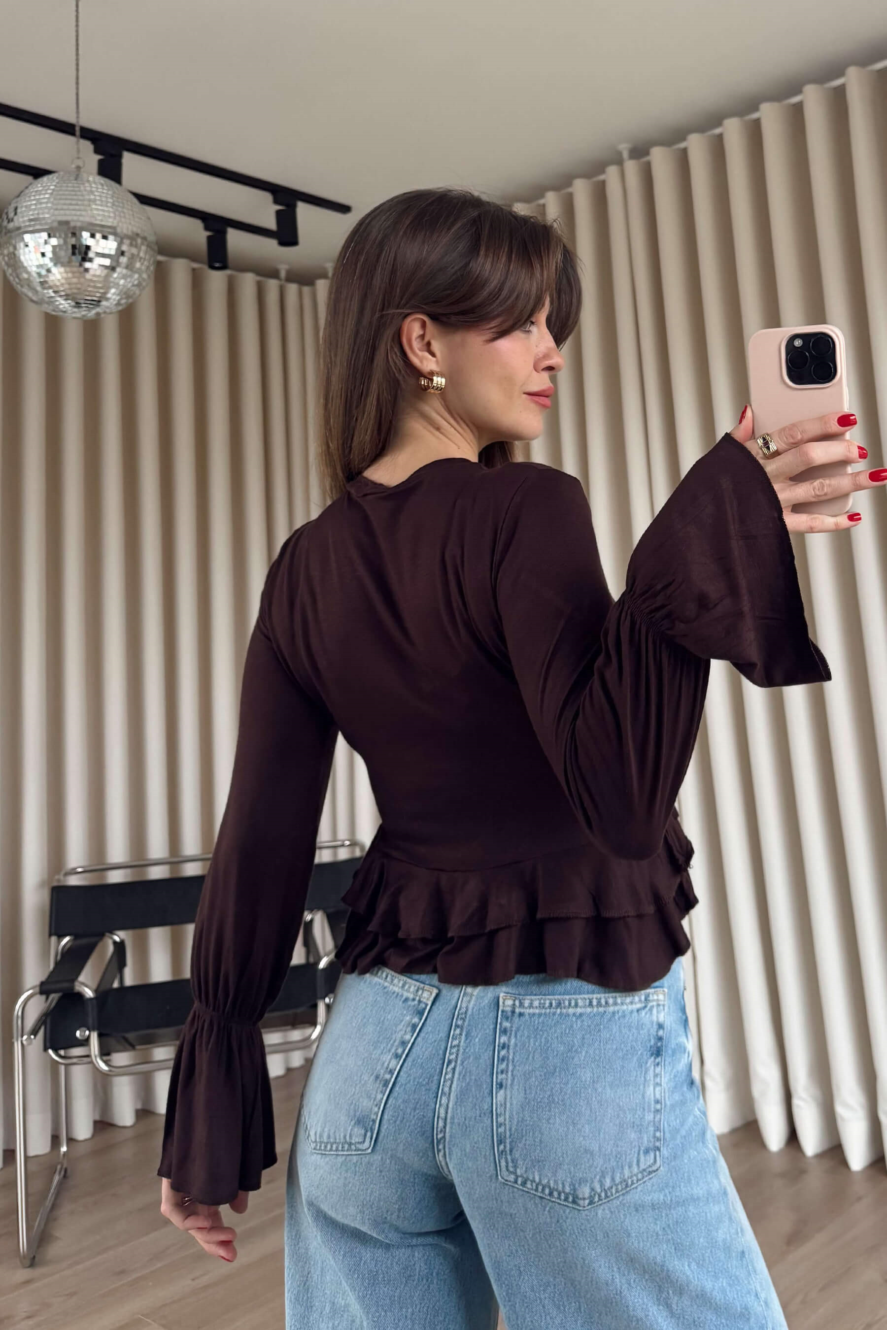 Acı Kahve Beli Fırfırlı Bluz