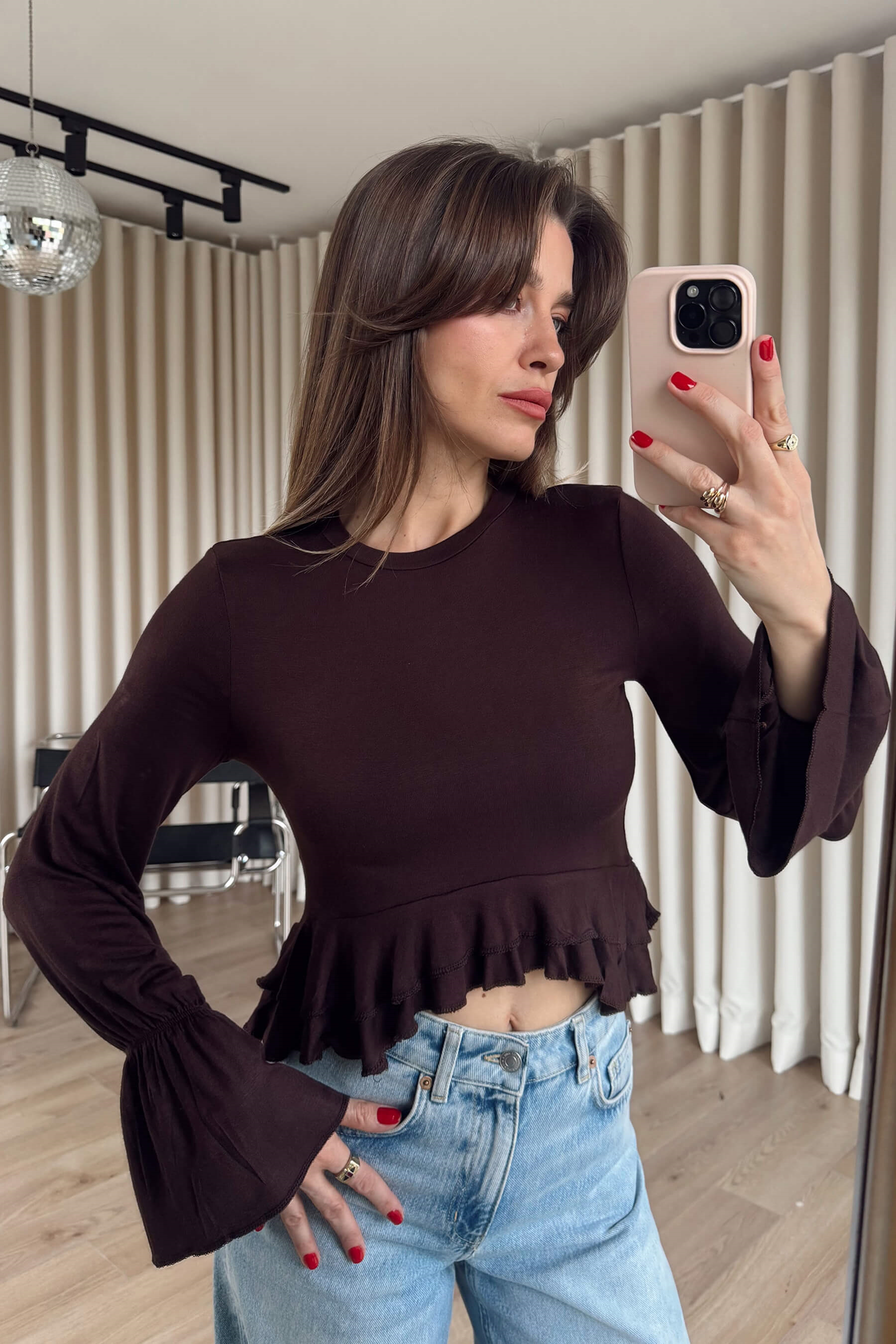 Acı Kahve Beli Fırfırlı Bluz