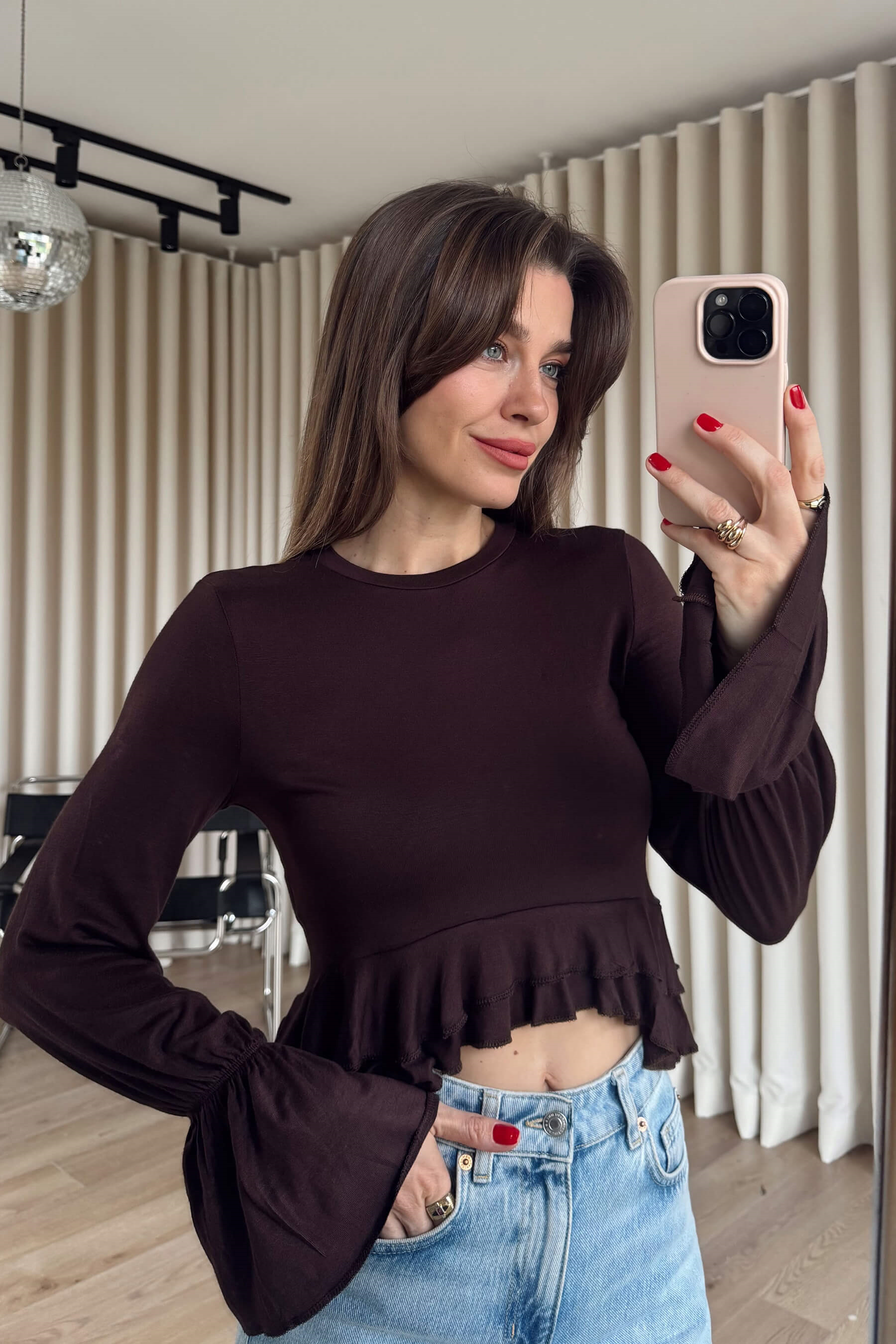 Acı Kahve Beli Fırfırlı Bluz