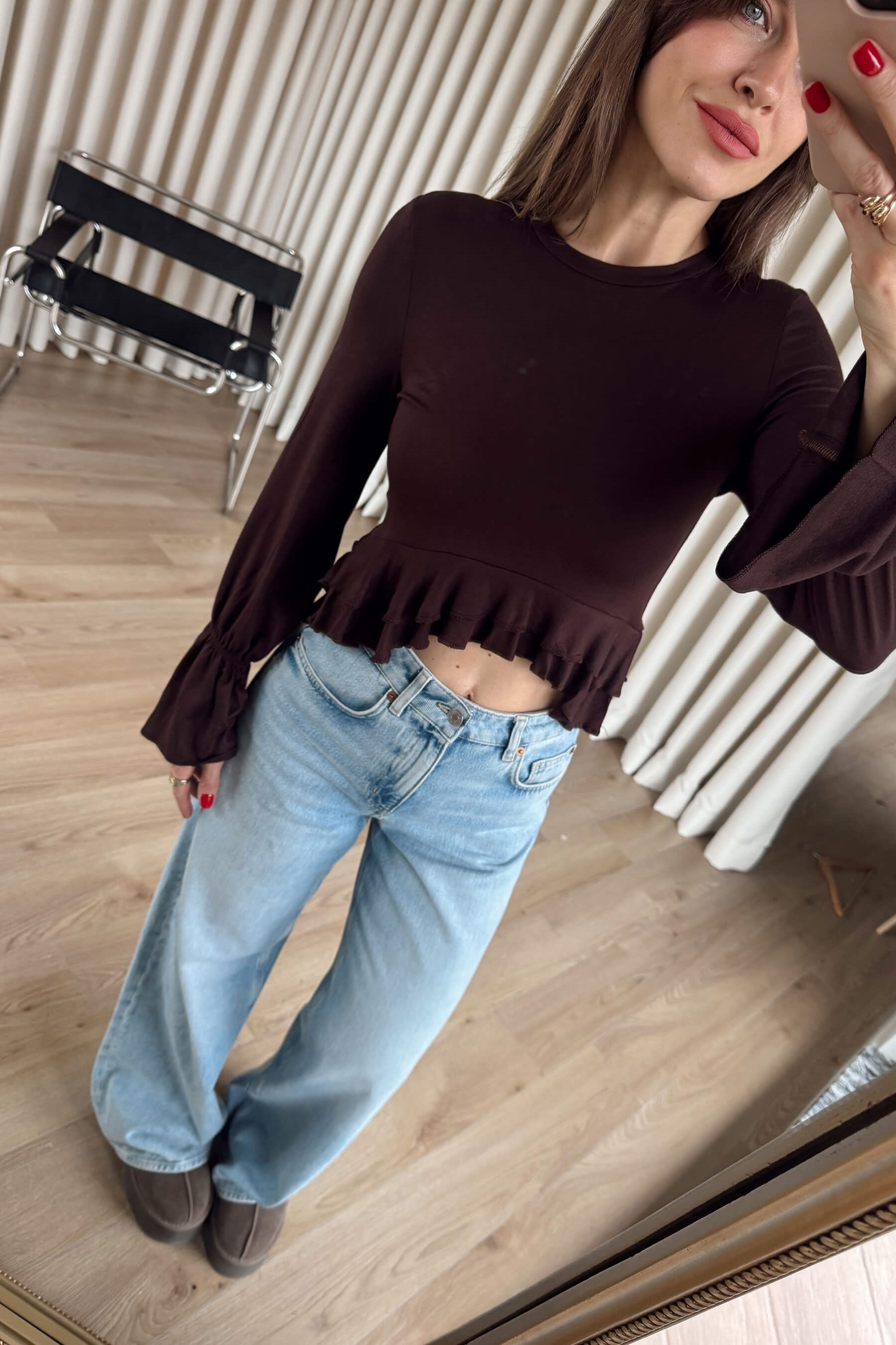 Acı Kahve Beli Fırfırlı Bluz