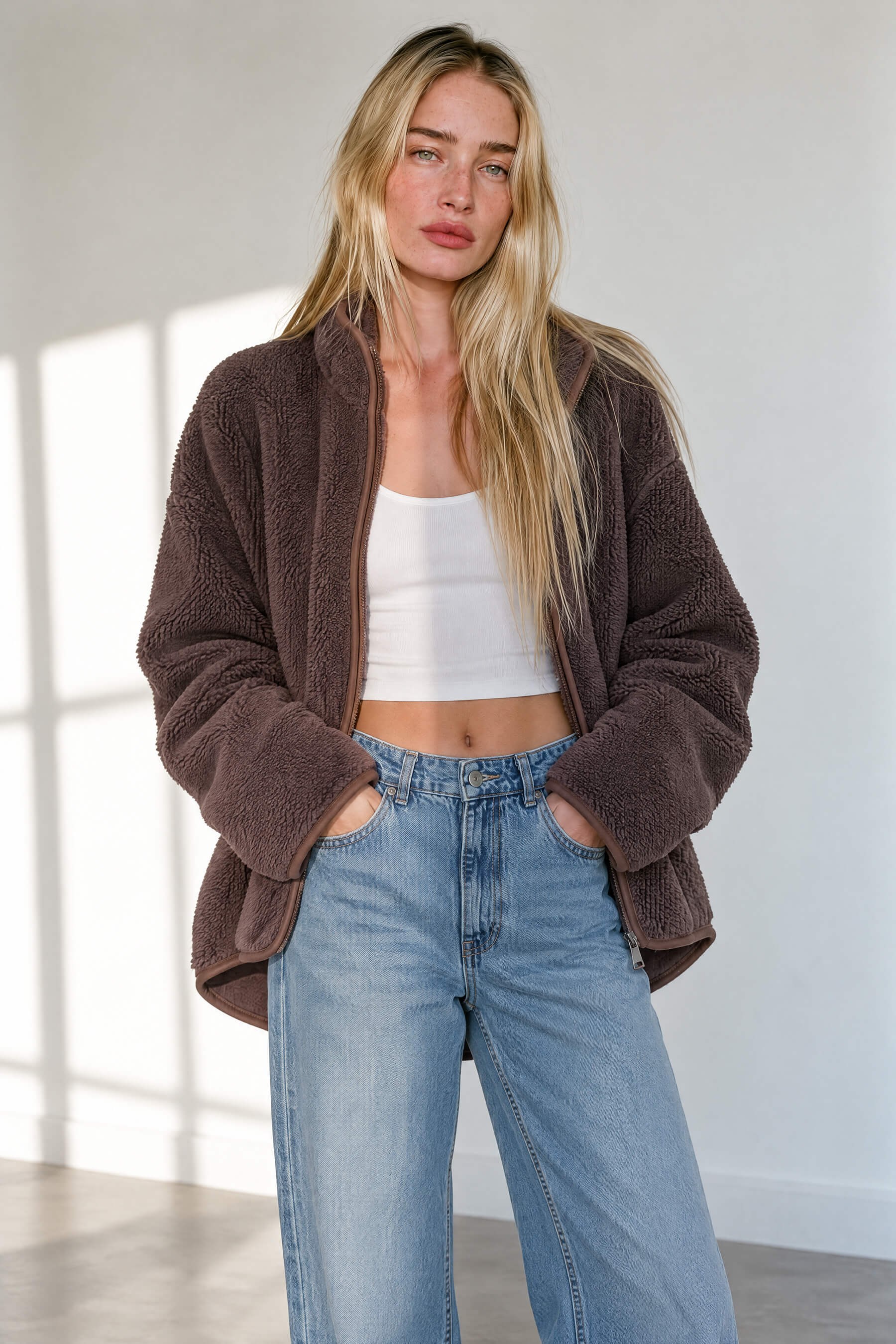Acı Kahve Fermuarlı Oversize Peluş Sweatshirt