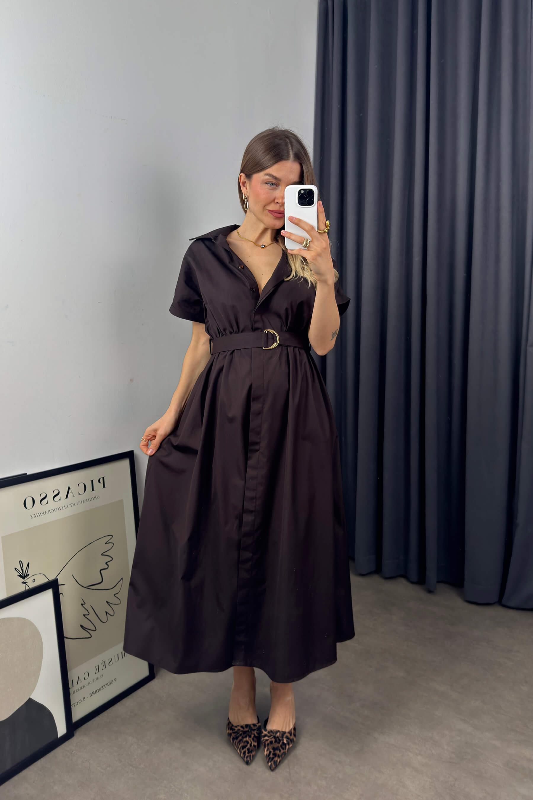 Acı Kahve Kemerli Gömlek Elbise