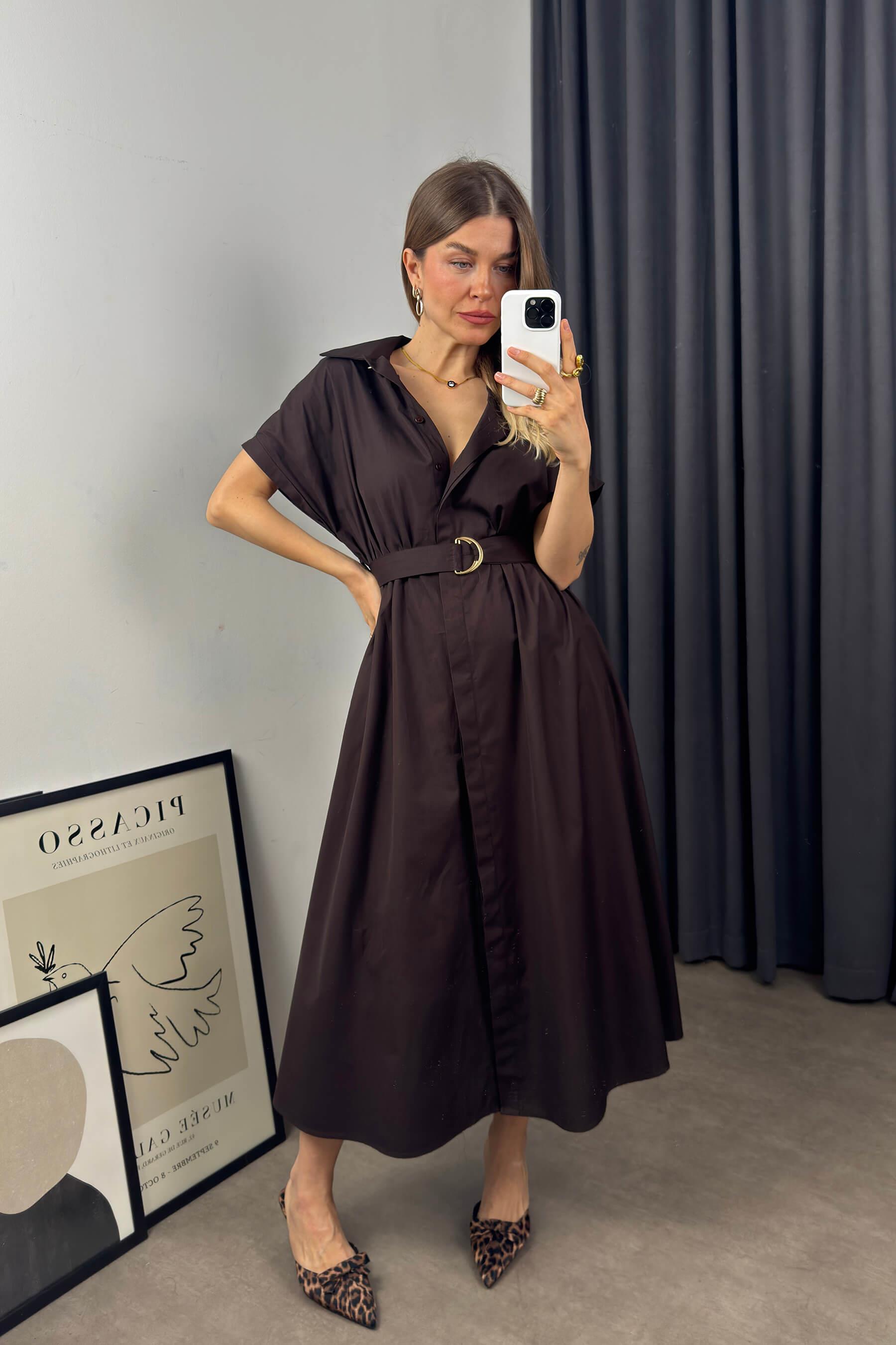 Acı Kahve Kemerli Gömlek Elbise