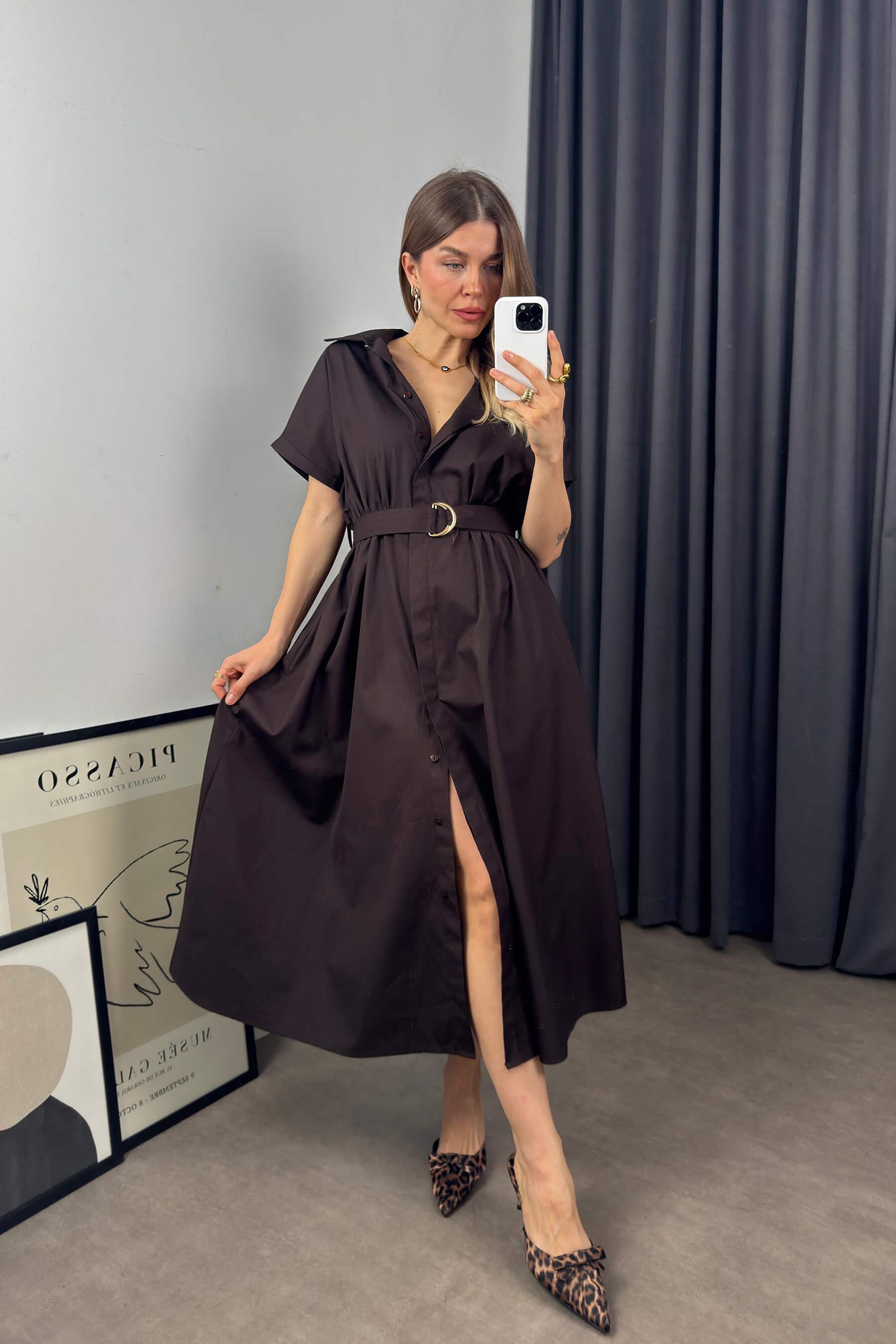 Acı Kahve Kemerli Gömlek Elbise