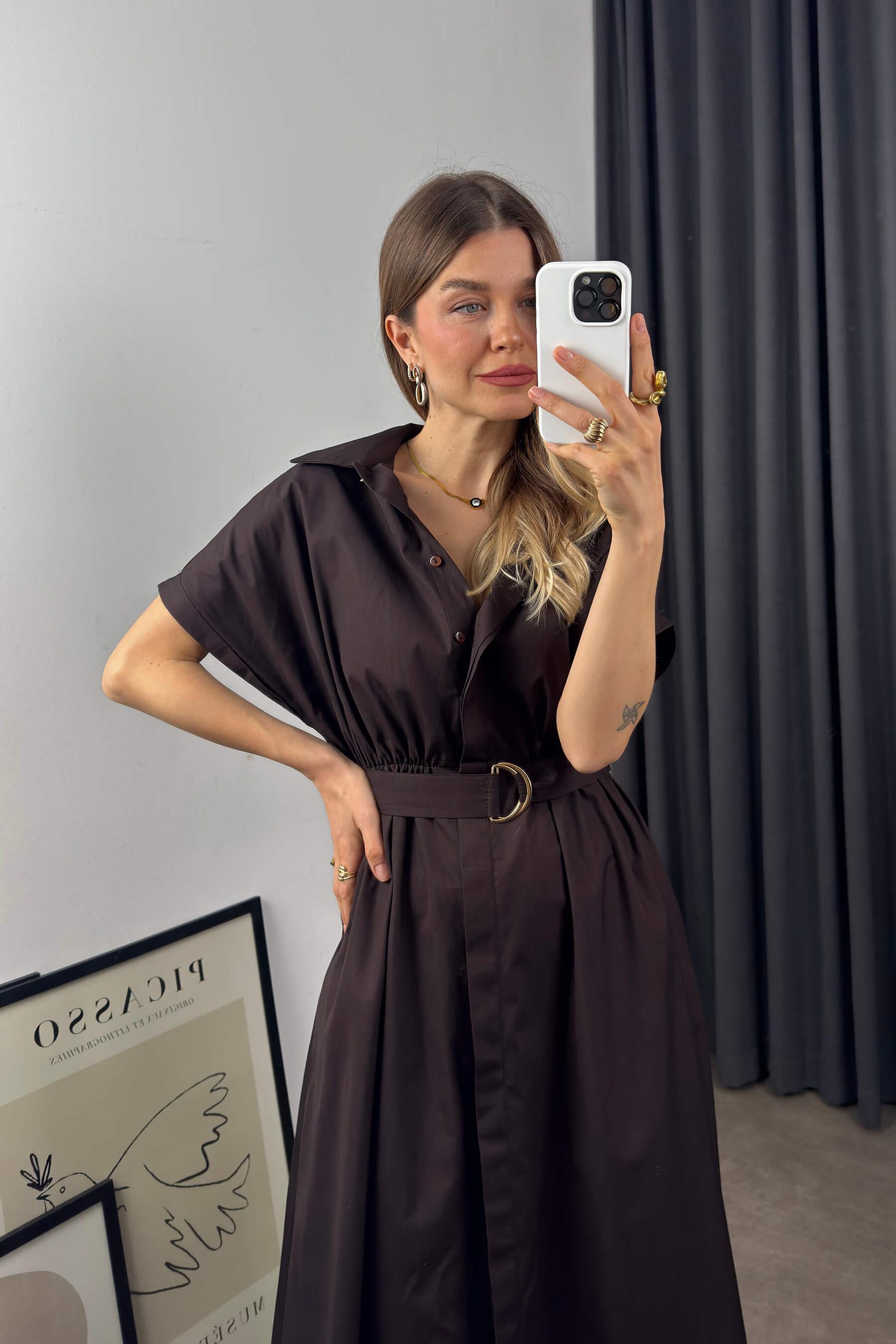 Acı Kahve Kemerli Gömlek Elbise