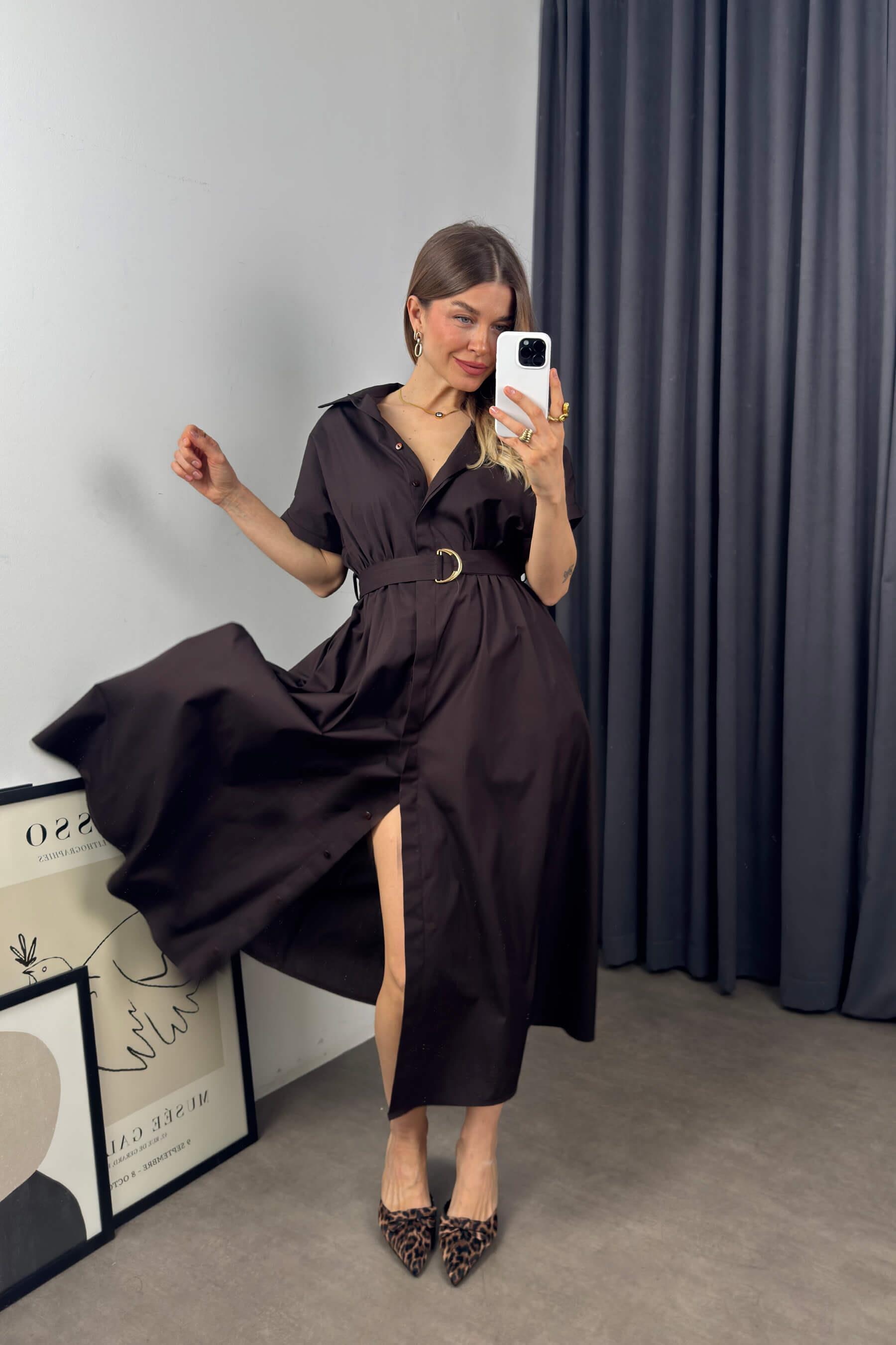 Acı Kahve Kemerli Gömlek Elbise