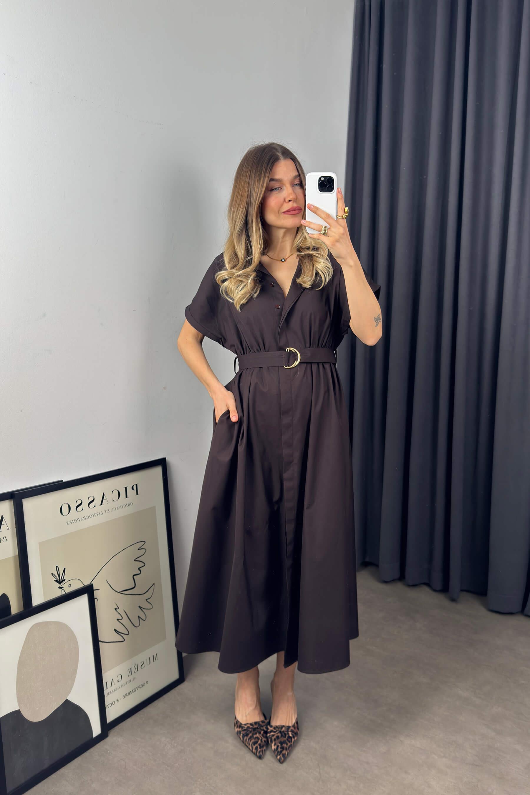 Acı Kahve Kemerli Gömlek Elbise