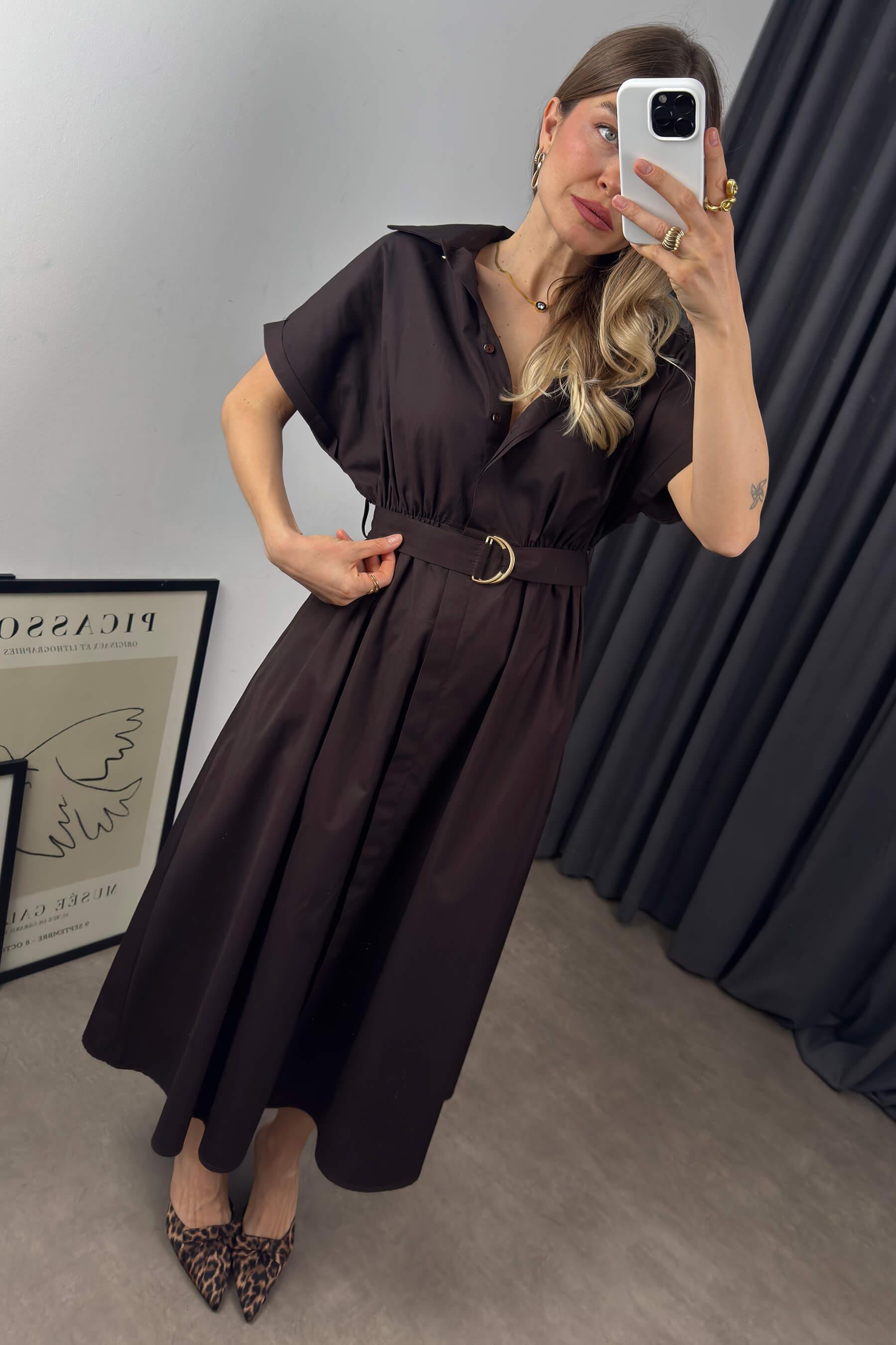 Acı Kahve Kemerli Gömlek Elbise