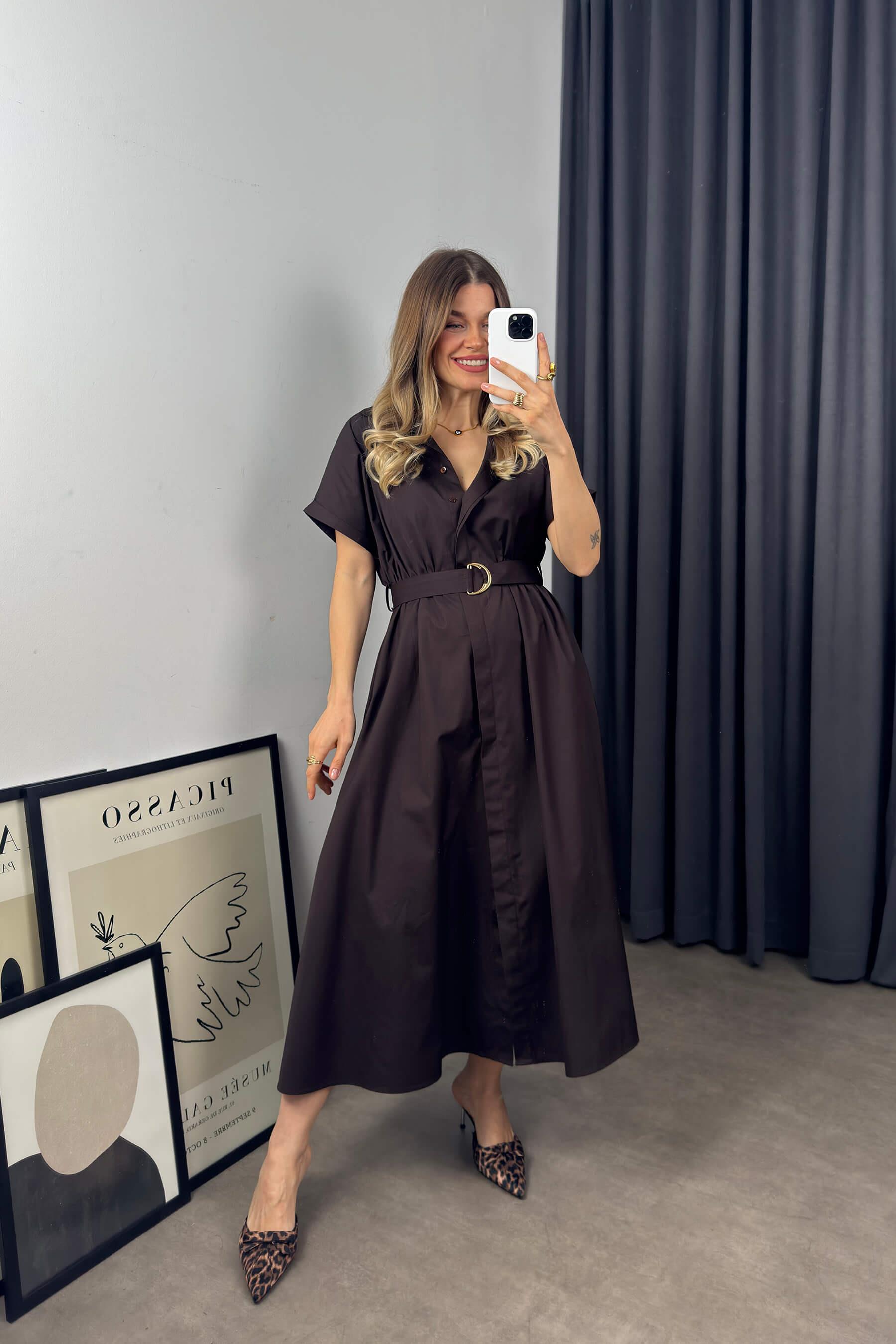 Acı Kahve Kemerli Gömlek Elbise